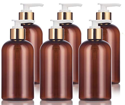 8 oz Amber Boston Round PET Plastic Bottles (BPA Free) - 6 Pack with Gold Lotion Pump for Essential Oils, Lotions & DIY Beauty Products