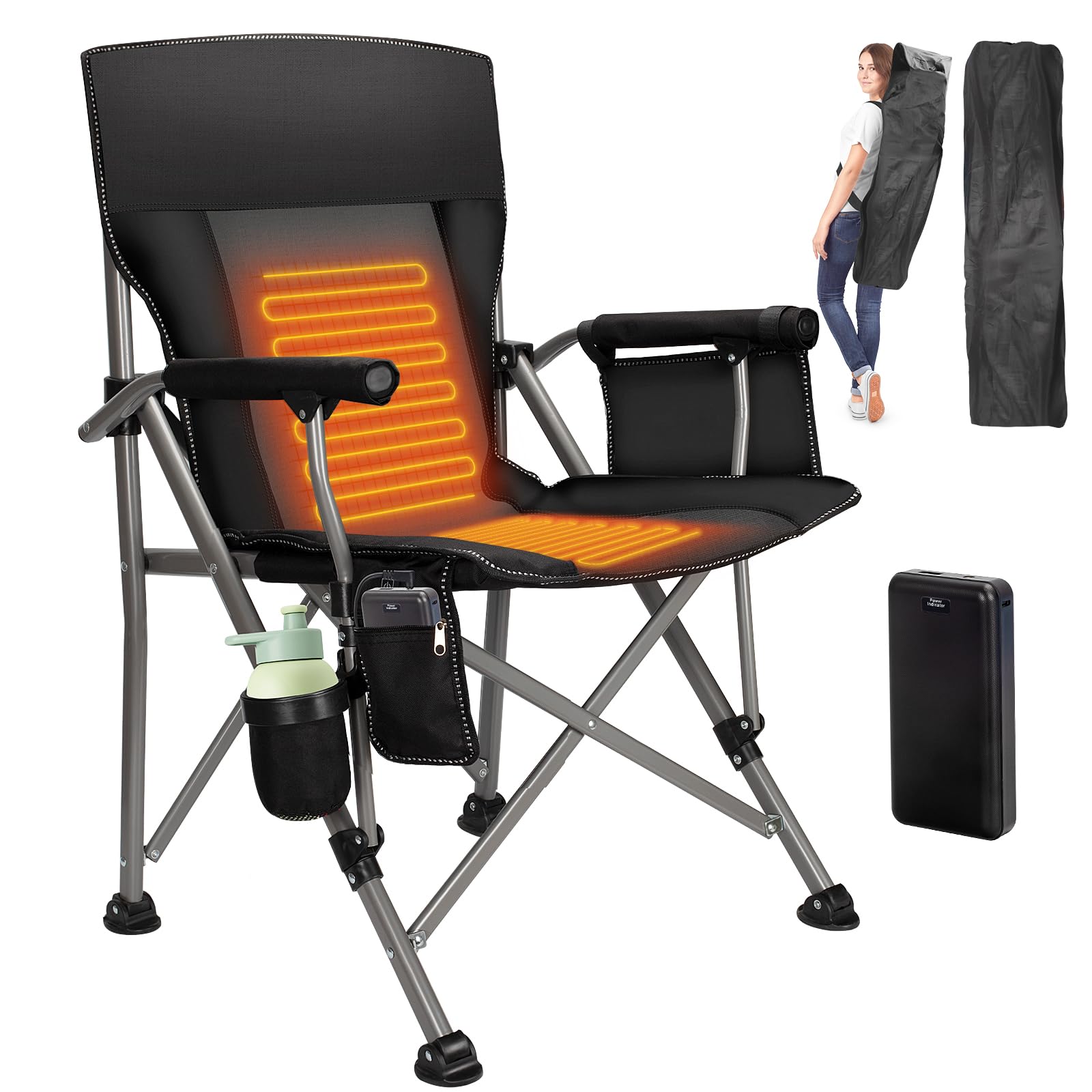 QUYUAN Heated Camping Chair with 20,000mAh Battery - Padded Portable Folding Chair with 500-Minute Heating, 500lb Weight Capacity - Perfect for Camping, Hiking, Hunting, Beach, Picnics & Outdoor Events
