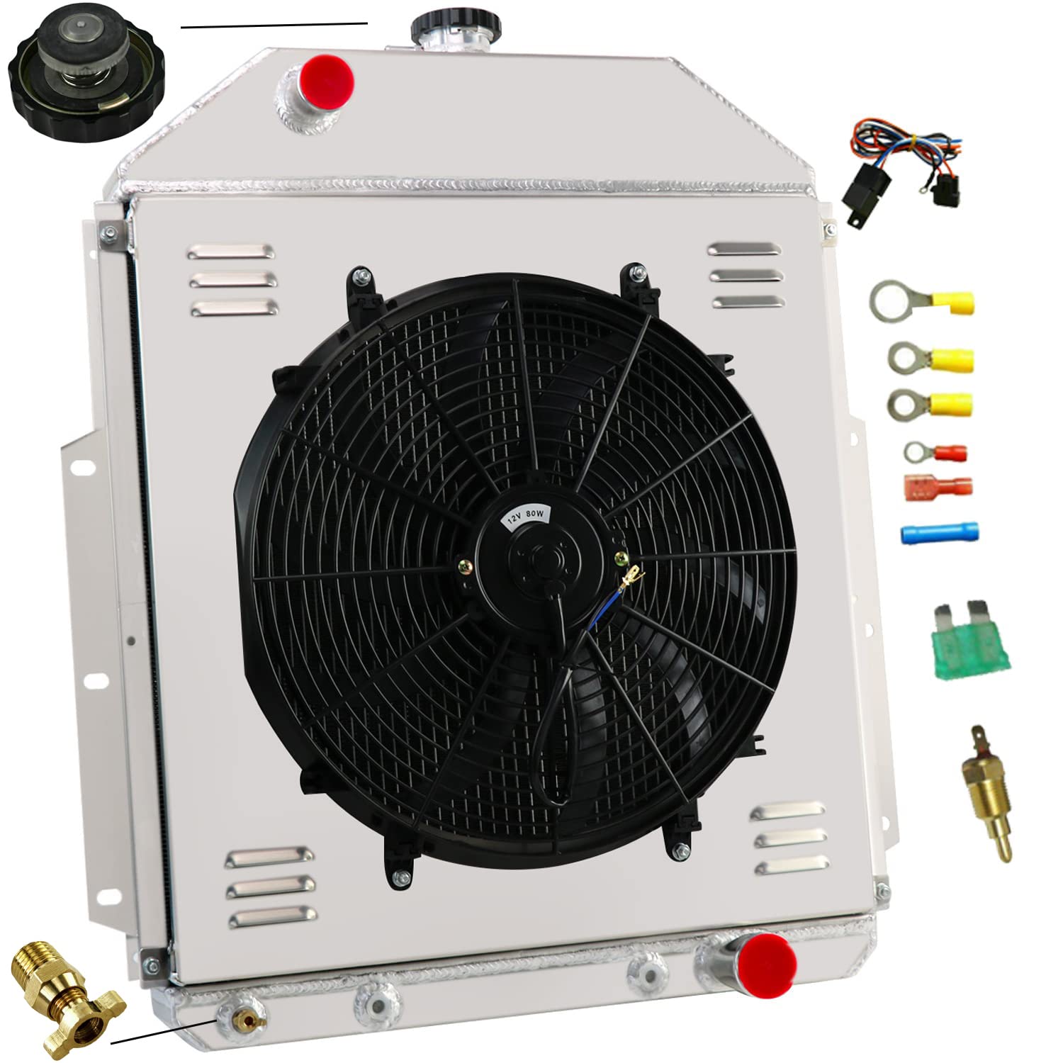 High-Performance Aluminum Radiator for 1942-1952 Ford F1 F2 F3 F4 Pickup & Sedan Delivery Truck - Compatible with Chevy V8 3.5L-3.9L & L6 Engines - 4 Row Core Downflow Radiator with Cooling Fan Shroud & Relay Kit - Perfect for Classic Car Restoration & Hot Rod Upgrades