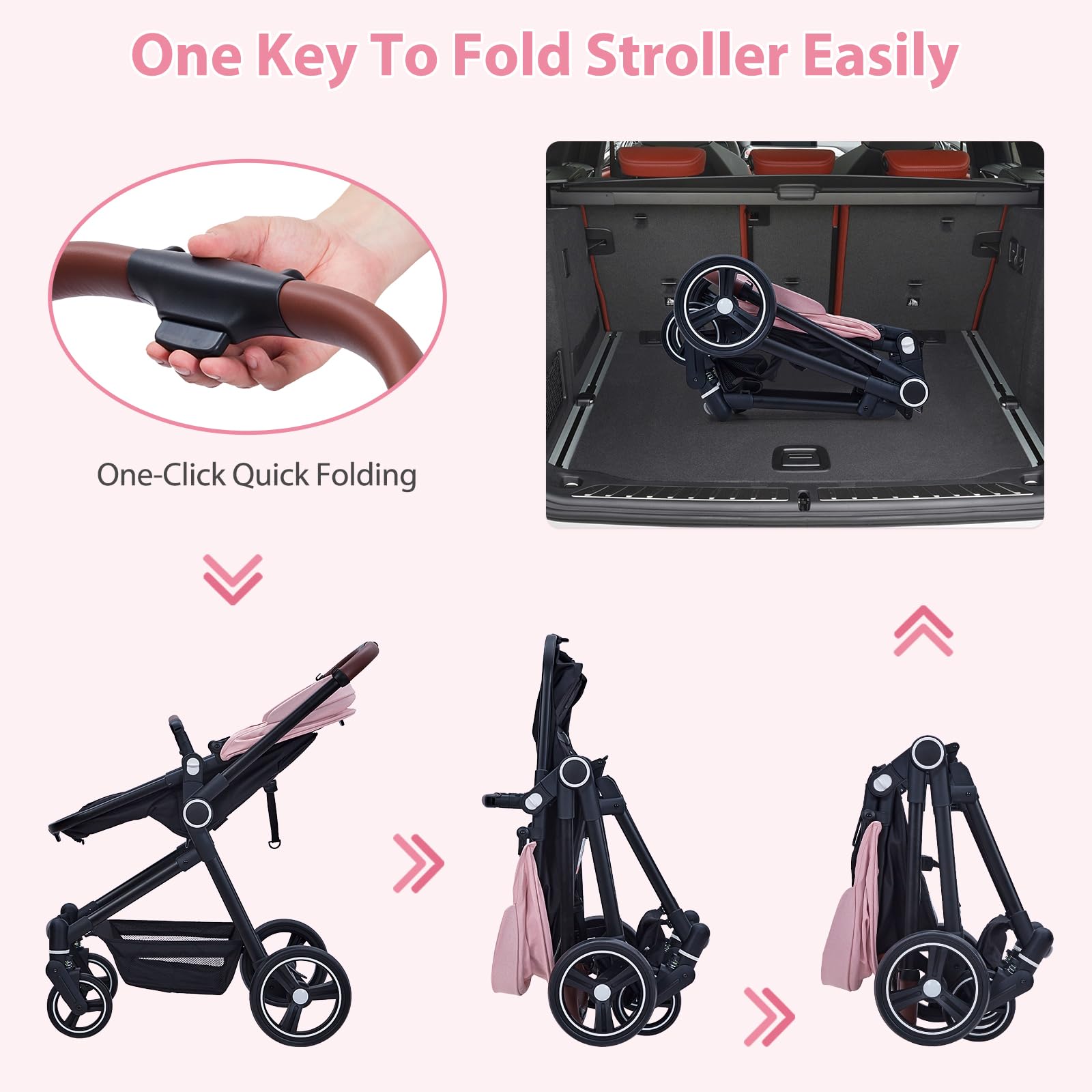 **GAOMON 2-in-1 Baby Stroller & Reversible Bassinet Pram - Adjustable Backrest, Foldable Lightweight Aluminum Frame, Shock-Absorbent Wheels for Newborns & Infants (Pink) - Perfect for Park Walks, Shopping & Travel**