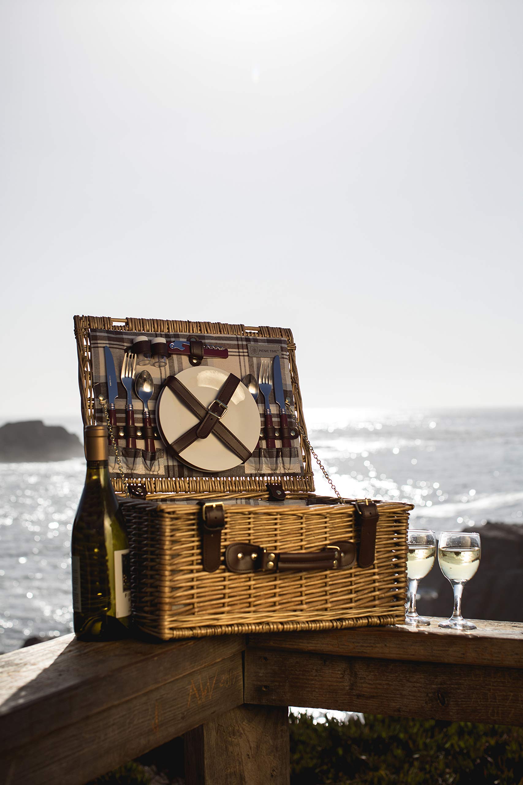 PICNIC TIME - Bristol Wicker Picnic Basket for 2 with Navy Blue & Burgundy Plaid Pattern - Complete Picnic Set for Couples | Perfect for Romantic Outdoors, Beach Dates, and Park Picnics