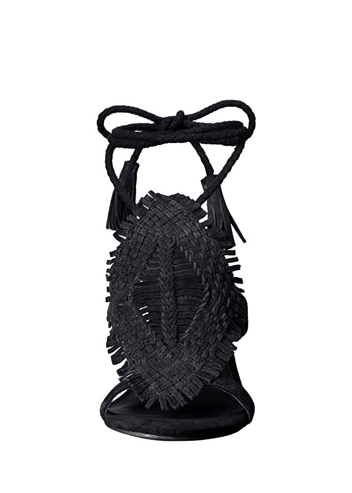 Ady Woven Ankle Wrap Heel Sandals for Women - Black Strappy Summer Shoes | Perfect for Beach, Party & Date Night Outfits