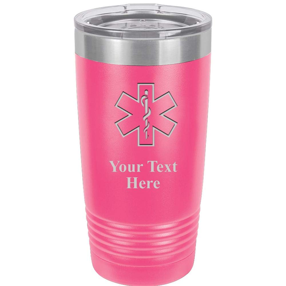20oz EMS Star of Life Personalized Stainless Steel Tumbler with Clear Lid - Vacuum Insulated Pink Travel Mug for Hot & Cold Drinks - Custom Engraved First Responder Gift for Nurses, EMTs, Paramedics
