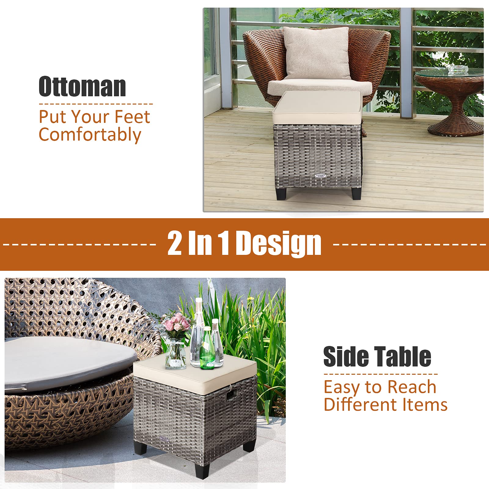 RELAX4LIFE 2-Piece Outdoor Rattan Ottoman Set with Cushions - All-Weather Wicker Patio Furniture with 2 Footrest Stools, Durable Steel Frame for Backyard, Garden, Poolside & Deck (White)