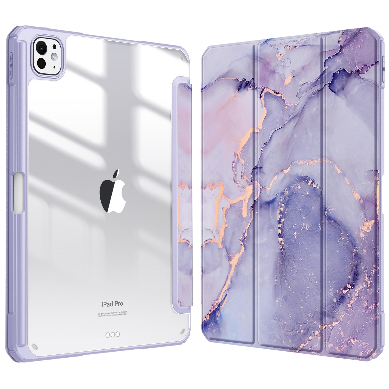 Fintie Hybrid Slim Case for iPad Pro 11-inch M4 (2024) - Shockproof Protective Cover with Clear Transparent Back Shell & Built-in Apple Pencil Holder | Auto Wake/Sleep Feature | Lilac Marble Design | Perfect for Work, School & Travel Protection