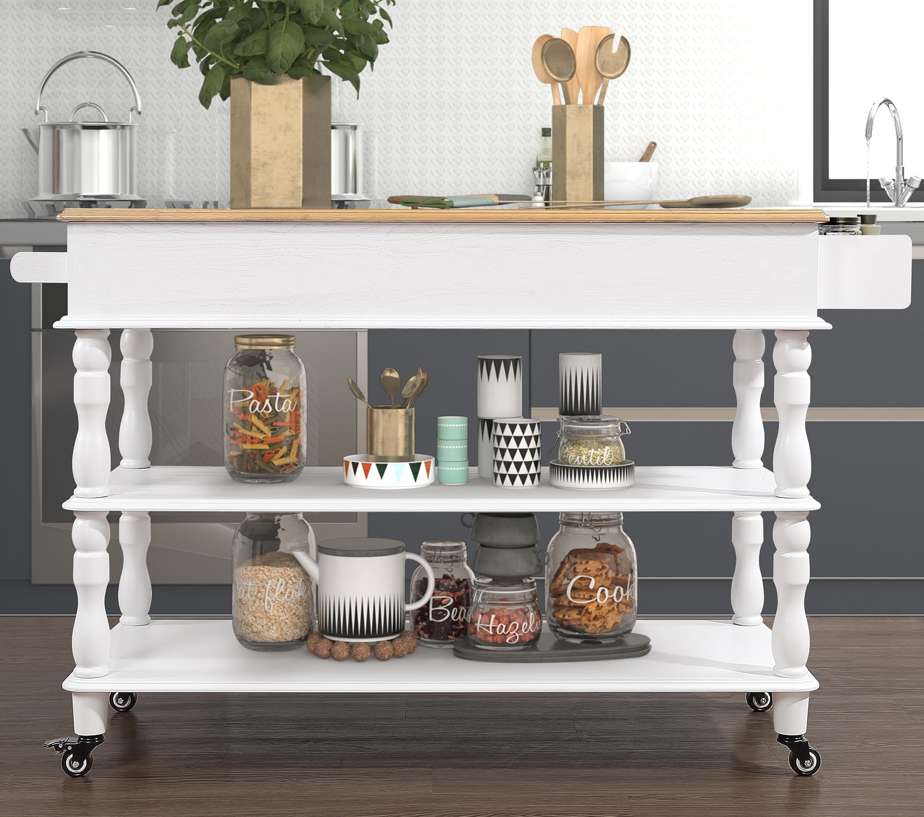 56 Inch Solid Oak Wood Kitchen Island Cart with 2 Drawers & Storage Shelves - Rolling Kitchen Cart with Wine Rack, Spice Organizer - White - Perfect for Small Kitchens, Dining Rooms & Home Bar Setup
