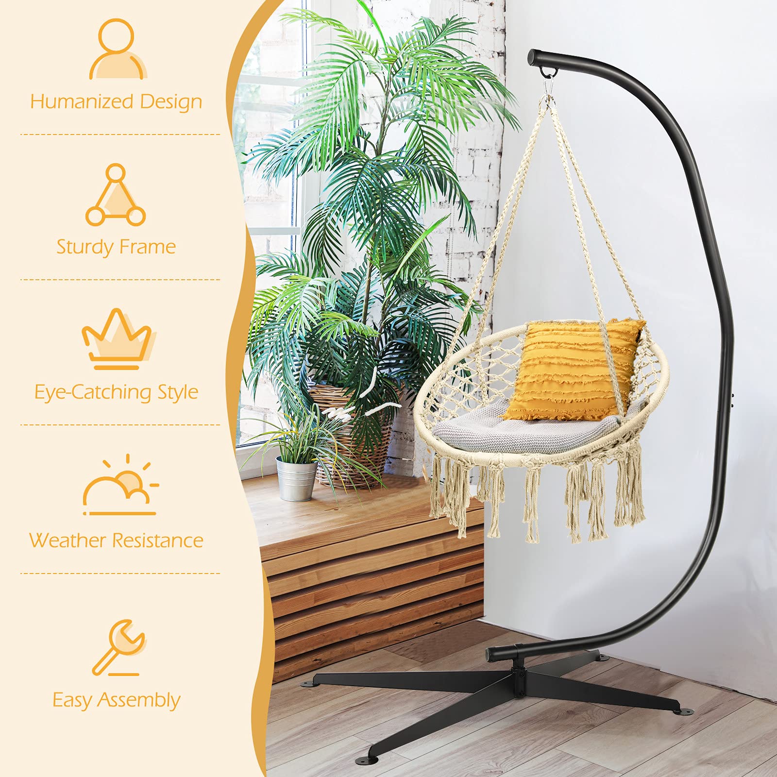 Giantex Heavy Duty Steel Hammock Chair with Stand - Macrame Hanging Swing Chair with Handwoven Tassels for Indoor & Outdoor Use (Beige) | Perfect for Patio, Garden, Balcony & Backyard Relaxation