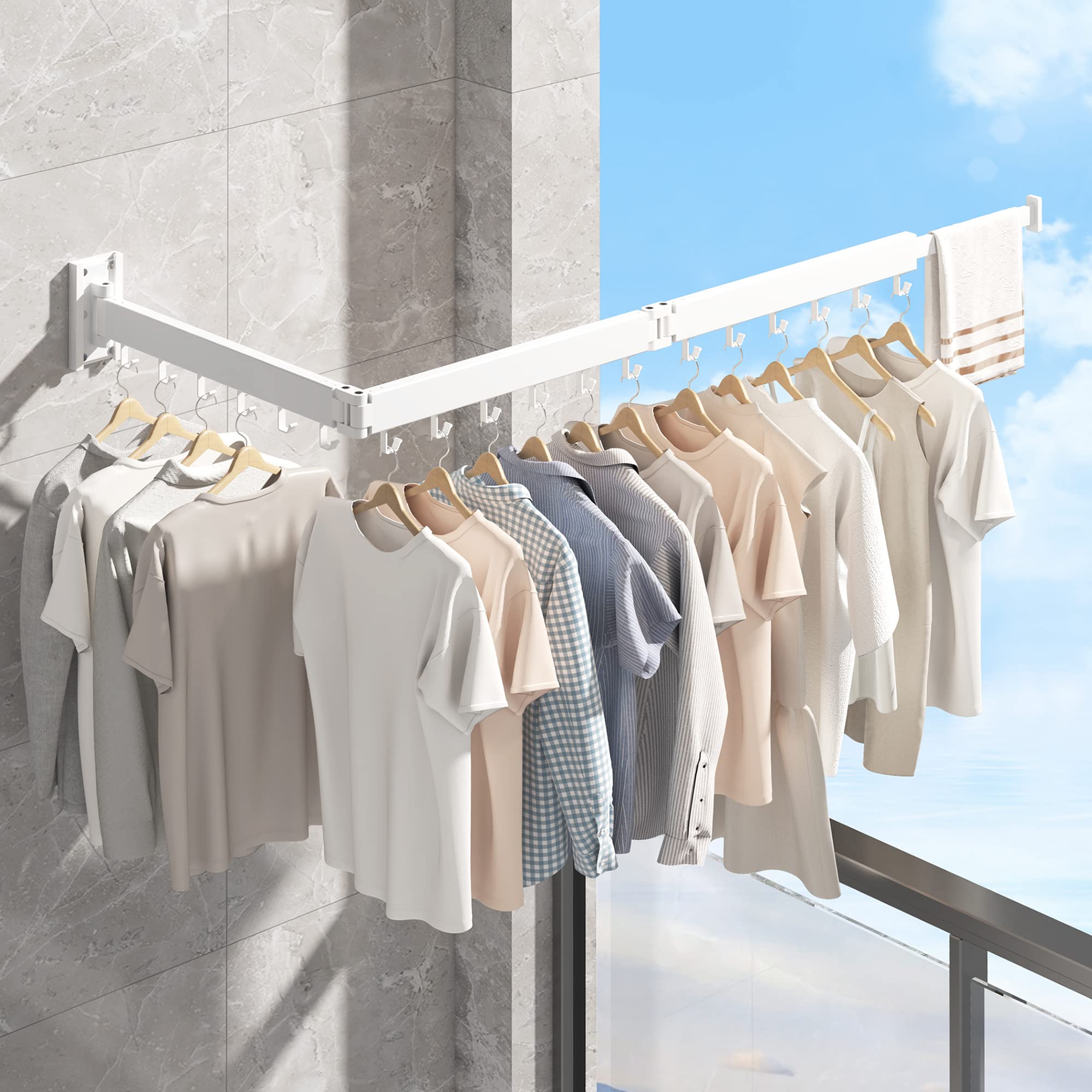 Wall Mounted Clothes Drying Rack - Space Saving Collapsible & Retractable Laundry Organizer with Hooks (White) - Perfect for Small Apartments, Bathrooms & Balconies