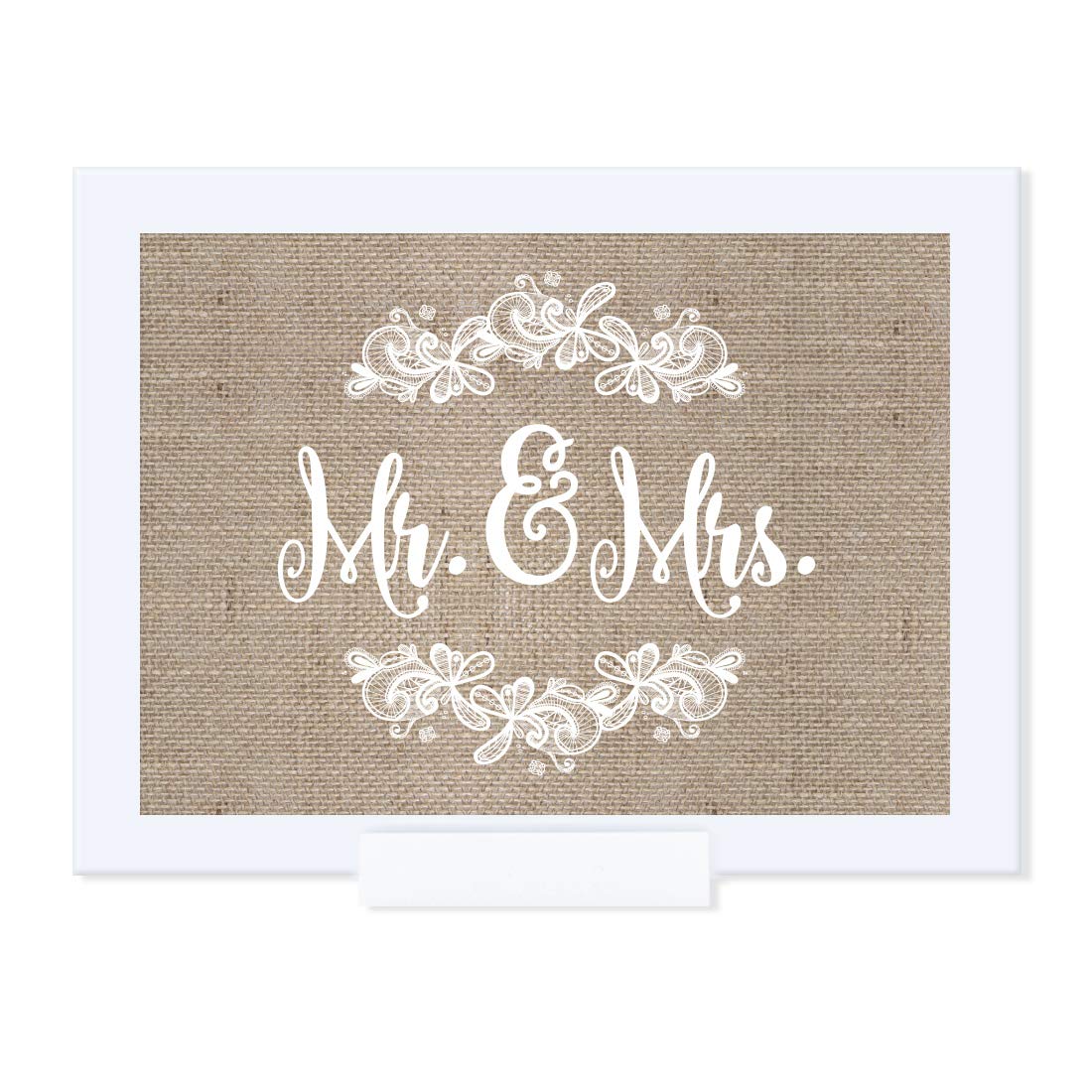 5x7 Inch Mr. & Mrs Wedding Framed Party Sign - Burlap Lace Printed Cardstock Decor - 1-Pack with Frame - Perfect for Wedding Reception, Bridal Shower & Anniversary Decorations