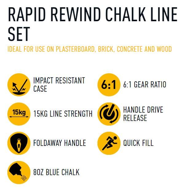 Roughneck® 30M (100ft) Chalk Line Reel with Rapid Rewind & 225g (8oz) Blue Chalk - Professional Construction, Masonry, Carpentry, and DIY Marking Tool for Accurate Layouts