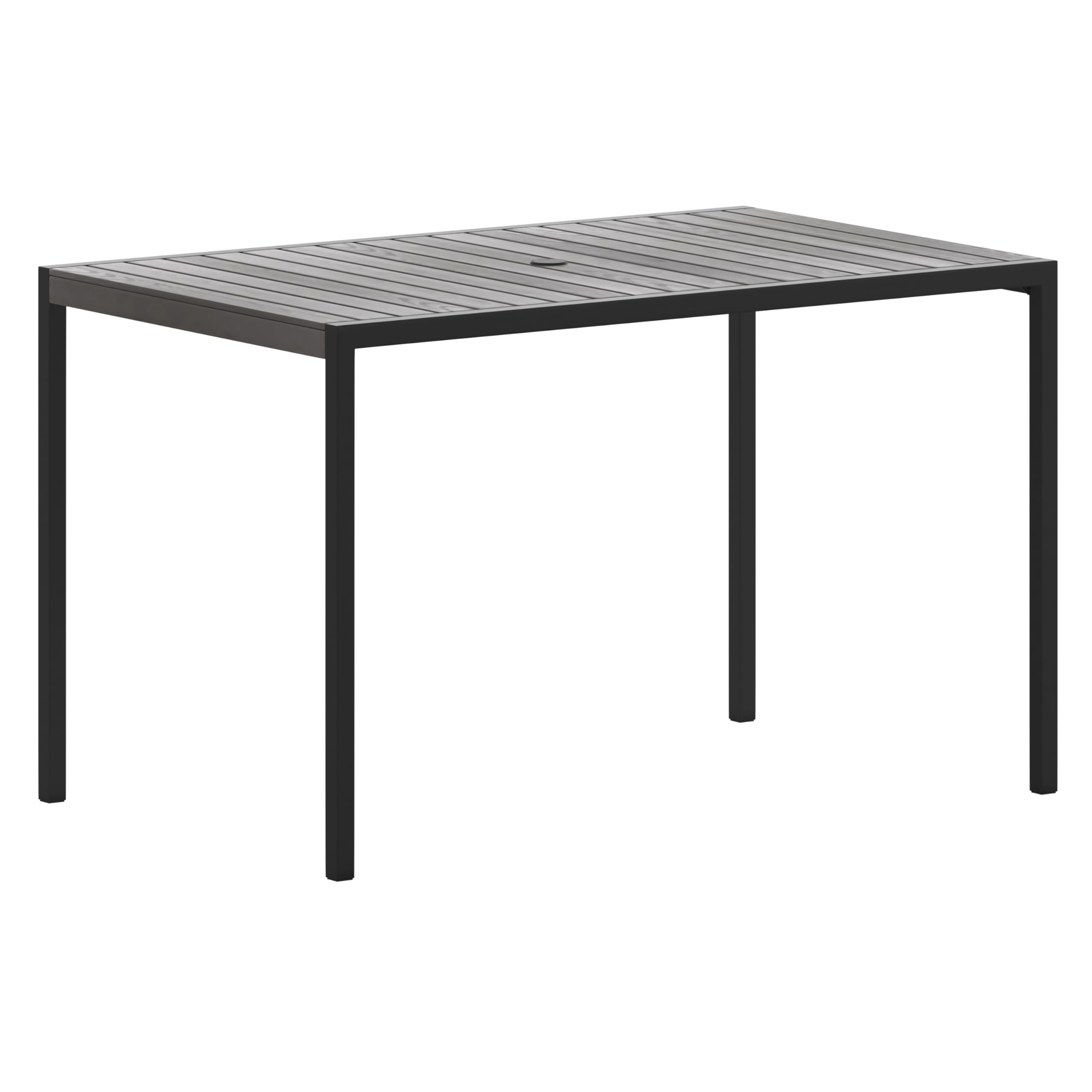 Flash Furniture Lark Commercial Outdoor Steel Dining Table with Umbrella Hole - Gray Wash Faux Teak Poly Slatted Top - Black Frame - 30x48 Inch - Seats 4 Adults - Perfect for Patio, Backyard, Restaurant Outdoor Dining