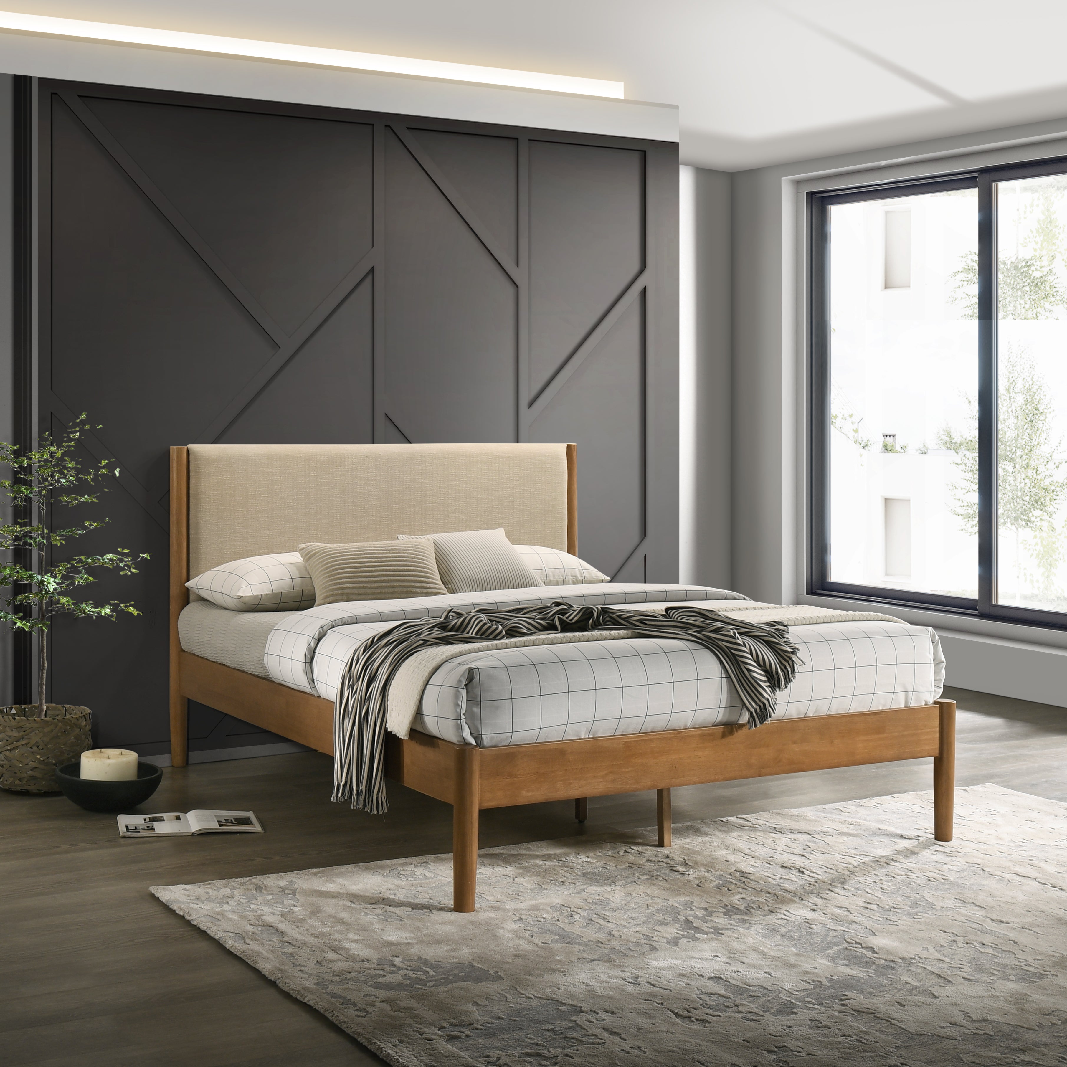 Roundhill Furniture Vichy Rubberwood Platform Bed in Light Walnut - Solid Wood Frame, Modern Minimalist Design for Bedroom, Guest Room or Dorm