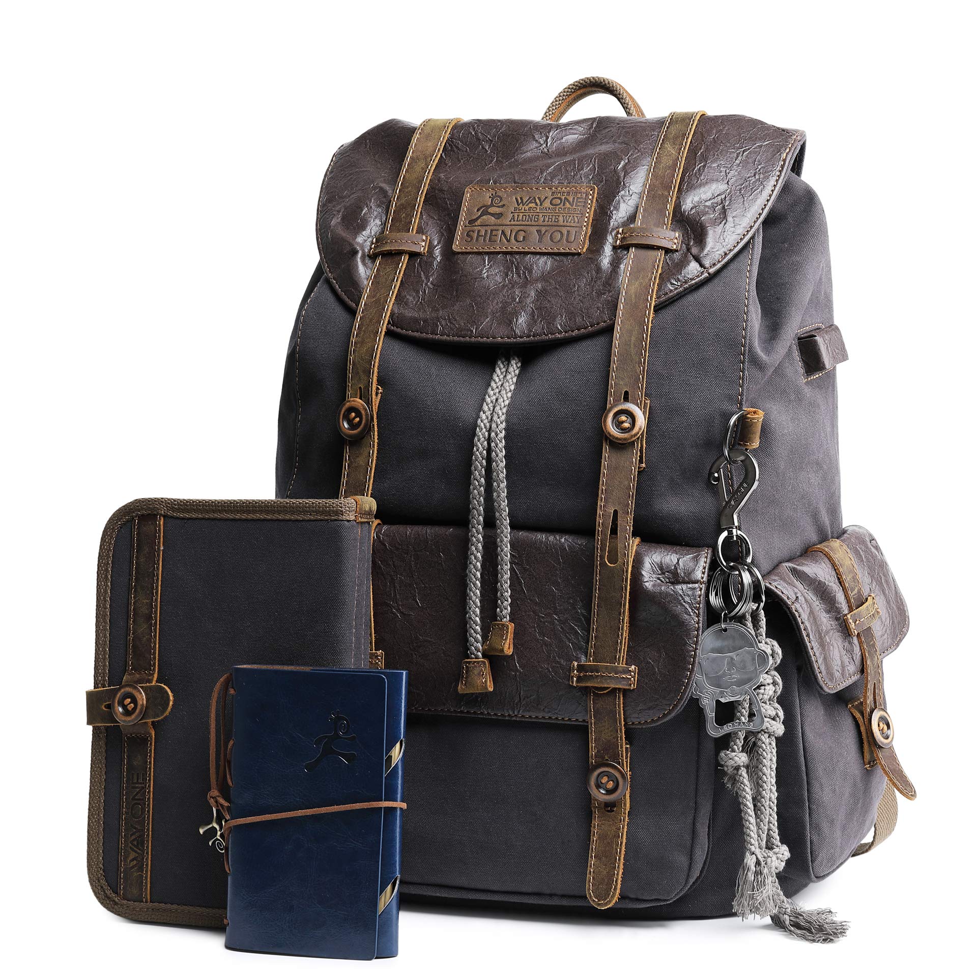 WAY ONE Vintage Waterproof Canvas & Genuine Leather Backpack for Men & Women - 15.6