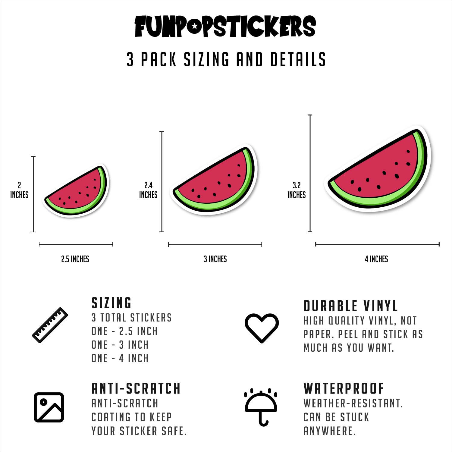 Funny Watermelon Vinyl Stickers - 3 Pack (2.5, 3, 4 Inch) - Durable Laptop, Phone, Water Bottle & Car Decals - Perfect for DIY Crafts, School Supplies & Personalizing Devices