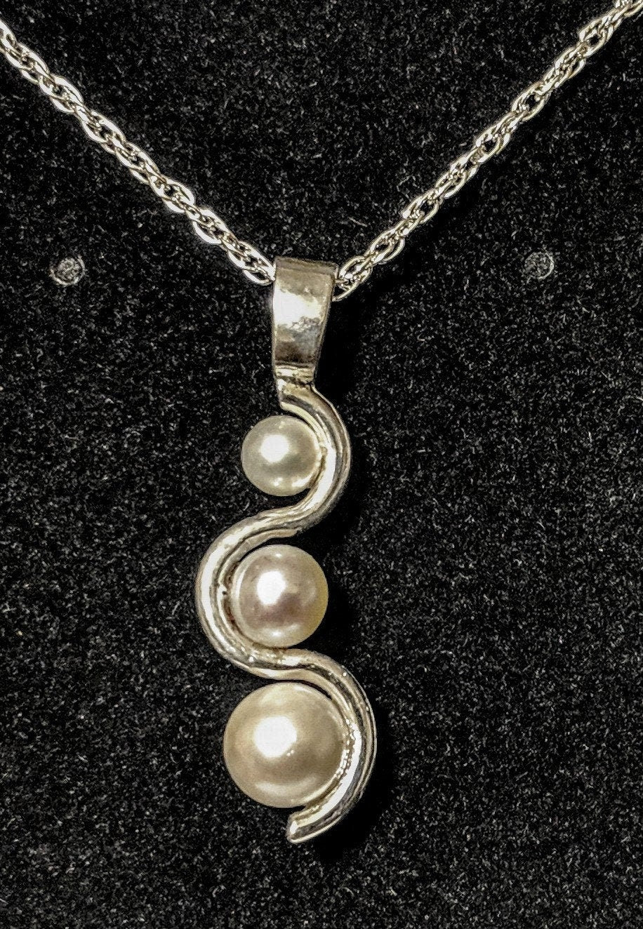 Triple Pearl Pendant Necklace - Sterling Silver Chain with Half-Drilled Freshwater Pearls, Handmade Dangle Jewelry - Perfect Gift for Women, Anniversary, Birthday & Special Occasions
