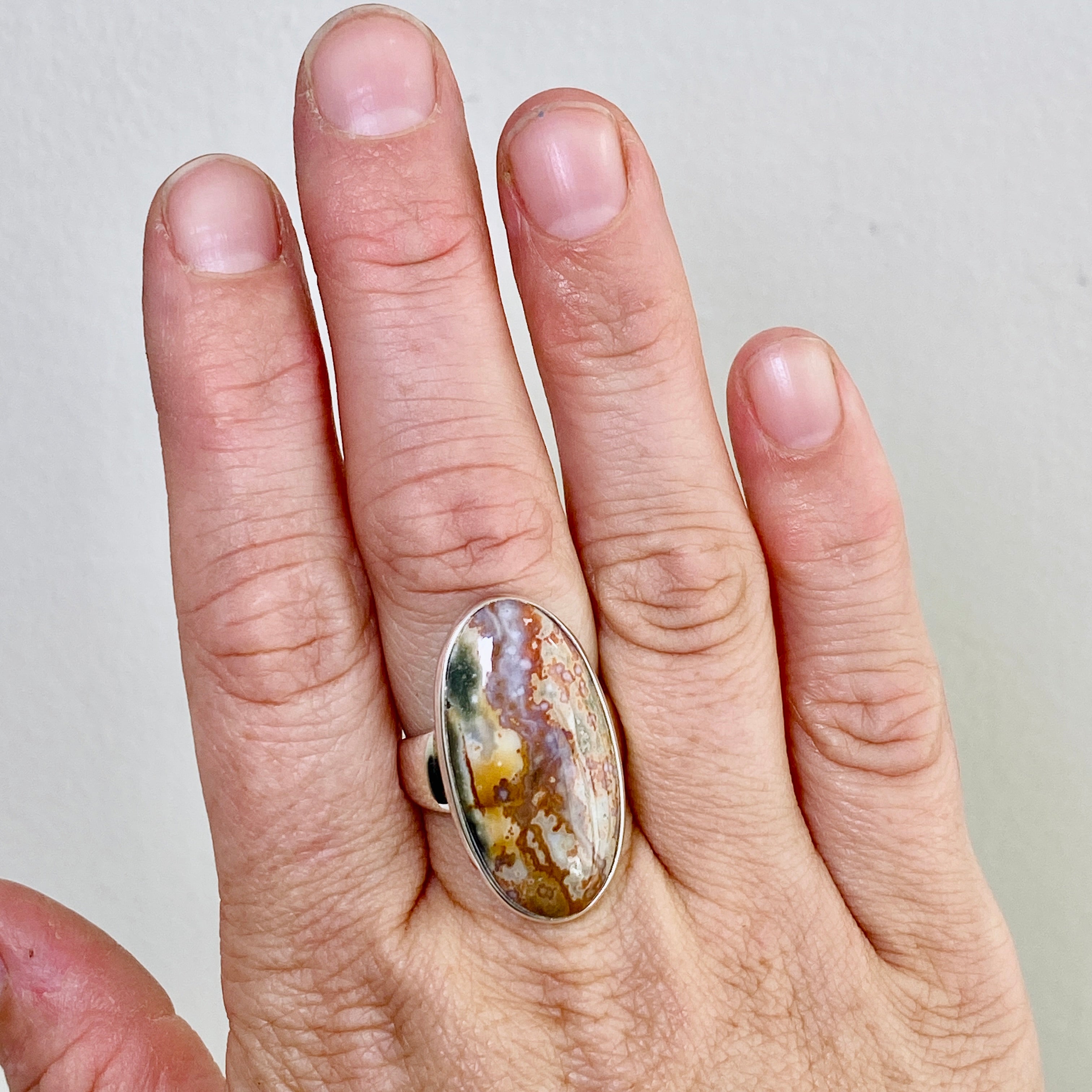 Ocean Jasper Oval Cabochon Ring - Size 9 - Natural Stone Jewelry - Handmade Silver Ring - Unique Gemstone Ring for Women - Perfect for Boho Style, Meditation & Spiritual Healing