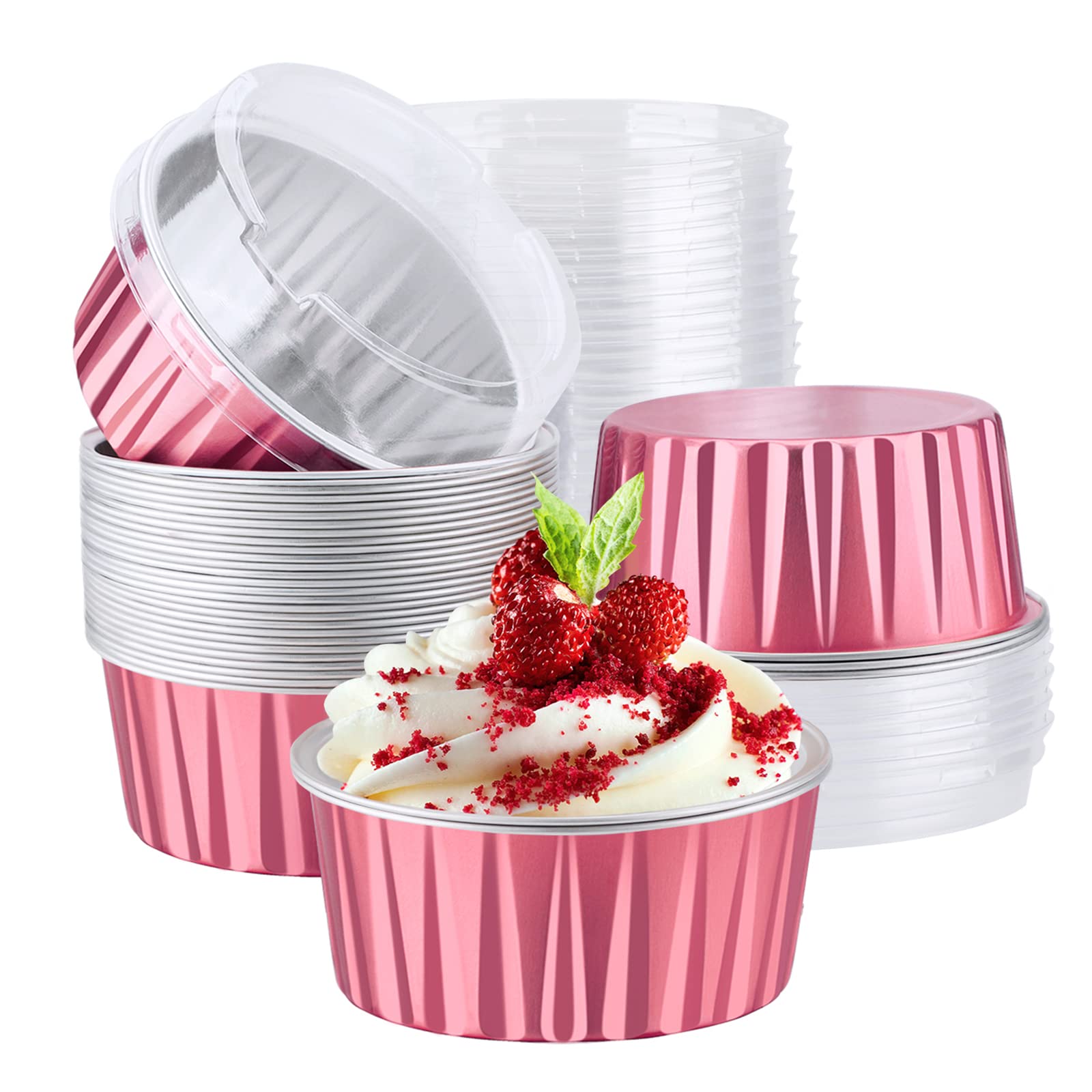 EUSOAR 30-Pack 5oz Disposable Aluminum Baking Cups with Lids - Reusable Foil Muffin Liners, Mini Pie Pans for Cupcakes, Creme Brulee & Desserts - Perfect for Home Baking, Parties & Catering