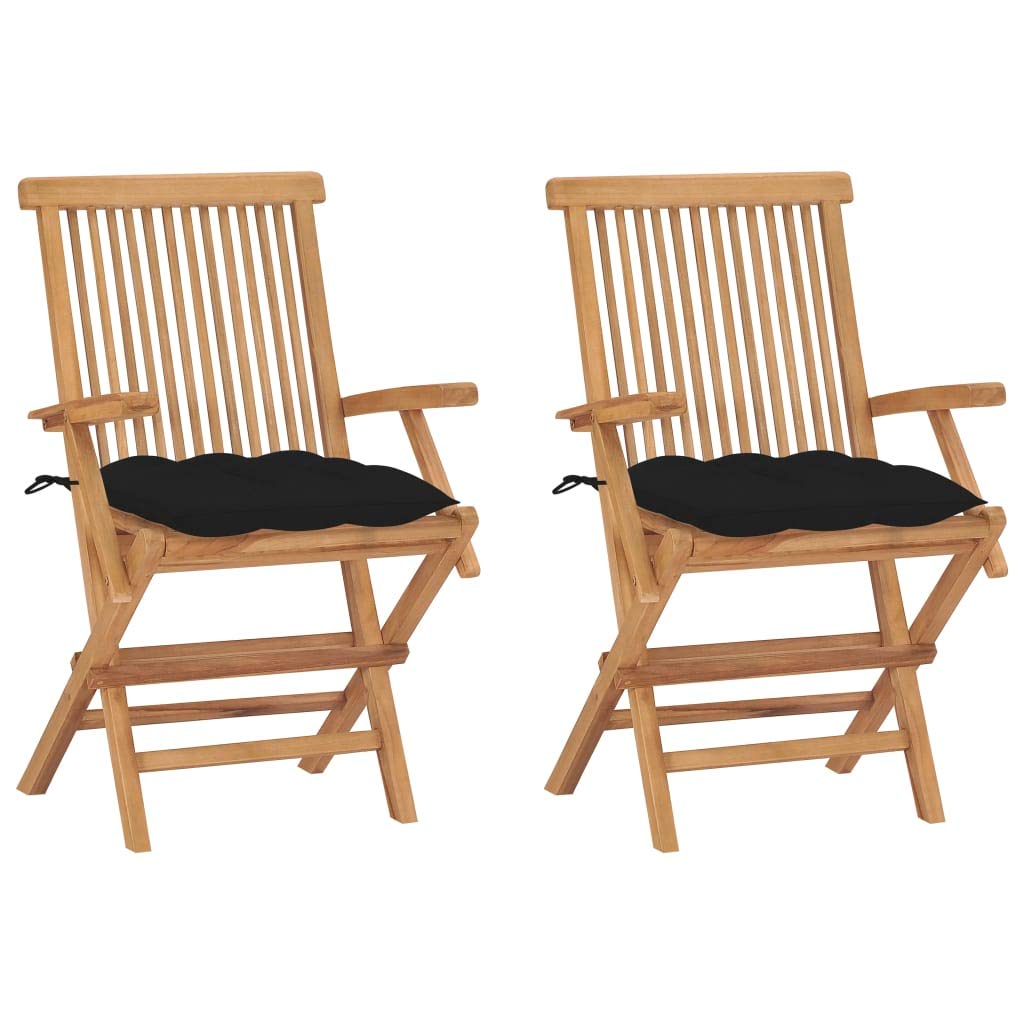 SKM 2-Piece Teak Wood Patio Chairs with Black Cushions - Outdoor Garden Furniture Set for Backyard, Poolside & Deck Relaxation