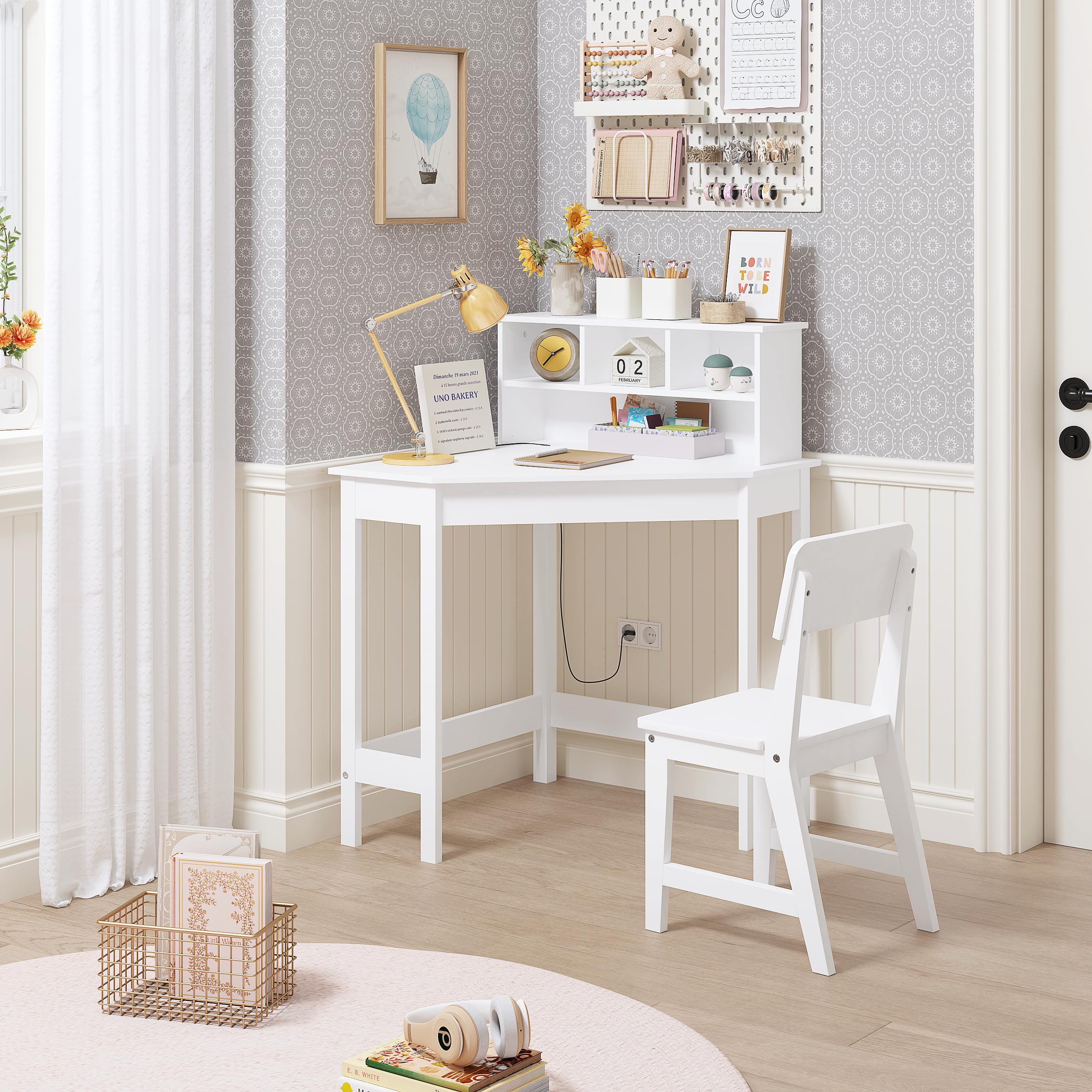 UTEX Kids Study Desk and Chair Set with Storage Hutch - White Corner Desk for Children's Room, Homeschooling & Learning Activities