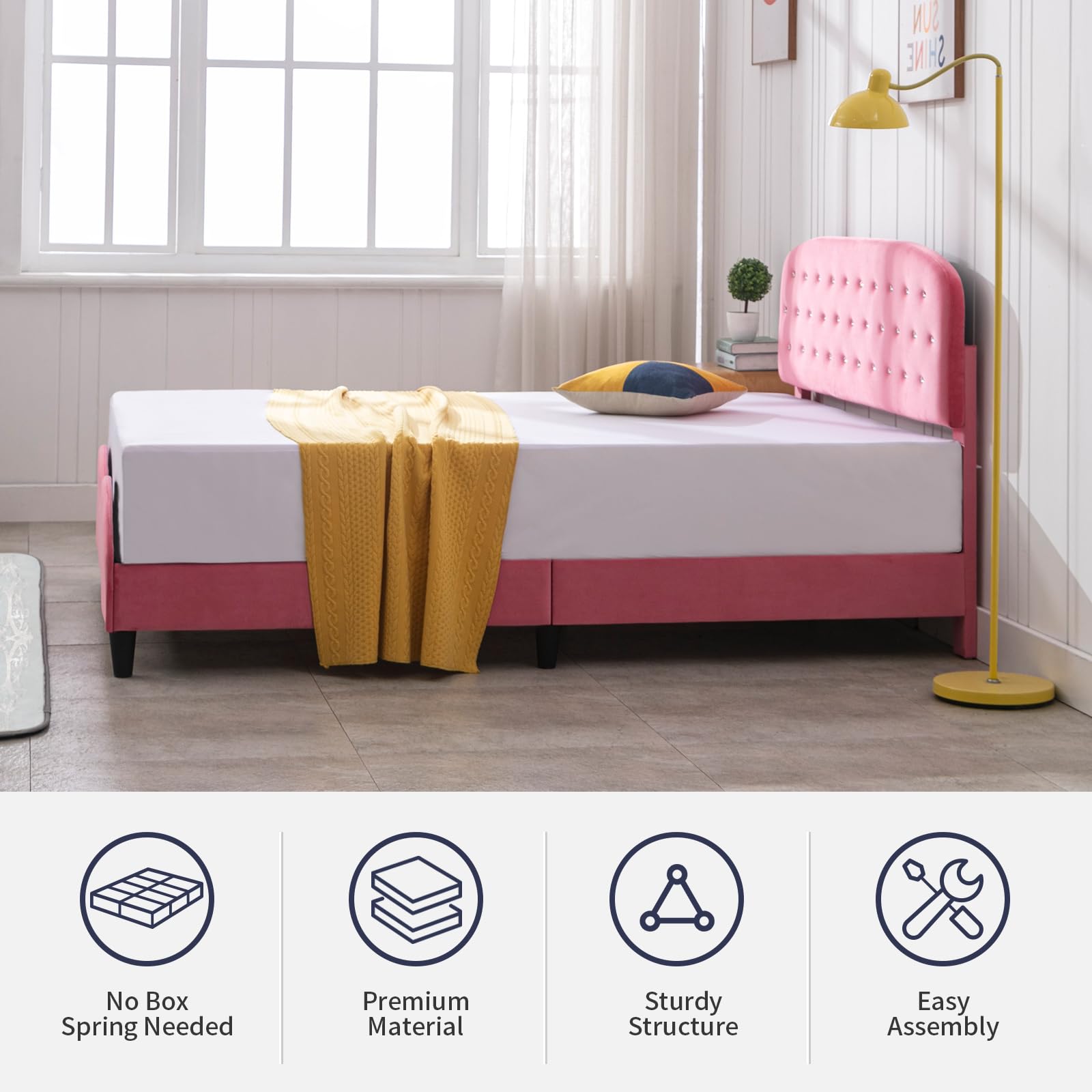ZAFLY Full Size Bed Frame for Kids - Pink Princess Bed with Cushioned Headboard & Wooden Slats, Sturdy Girls Bed Frame for Deep Sleep | Perfect for Bedrooms, Playrooms & Sleepovers (Diamond Design)