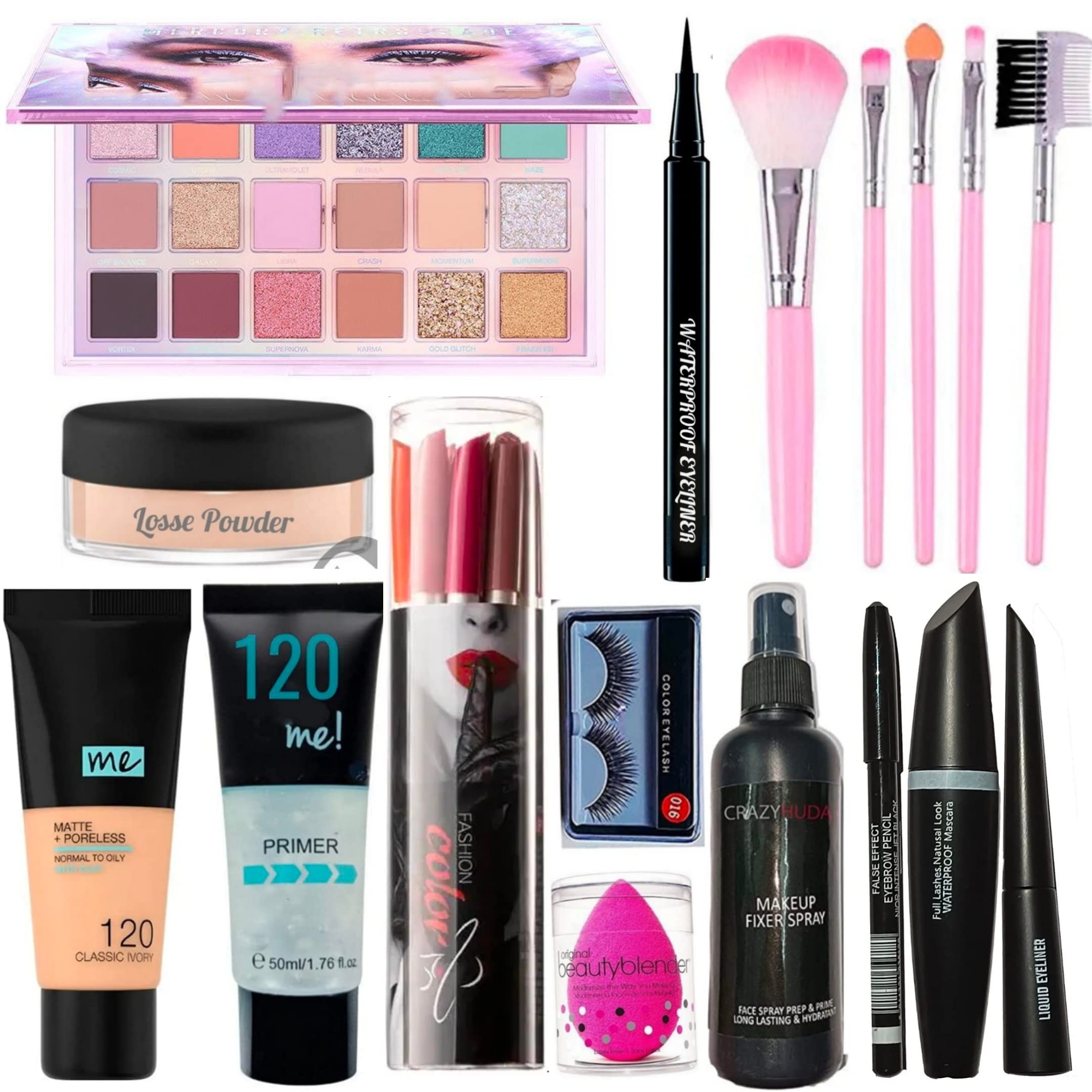 Huda Beauty Professional Nude Edition Makeup Kit - 11 Piece Set with Eyeshadow, Mascara, Eyeliner, Eyebrow Pencil, Foundation, Primer, Pink Brush Set, Beauty Blender, False Eyelashes, Setting Spray & Loose Powder | Perfect for Bridal, Party & Everyday Glam Makeup Looks