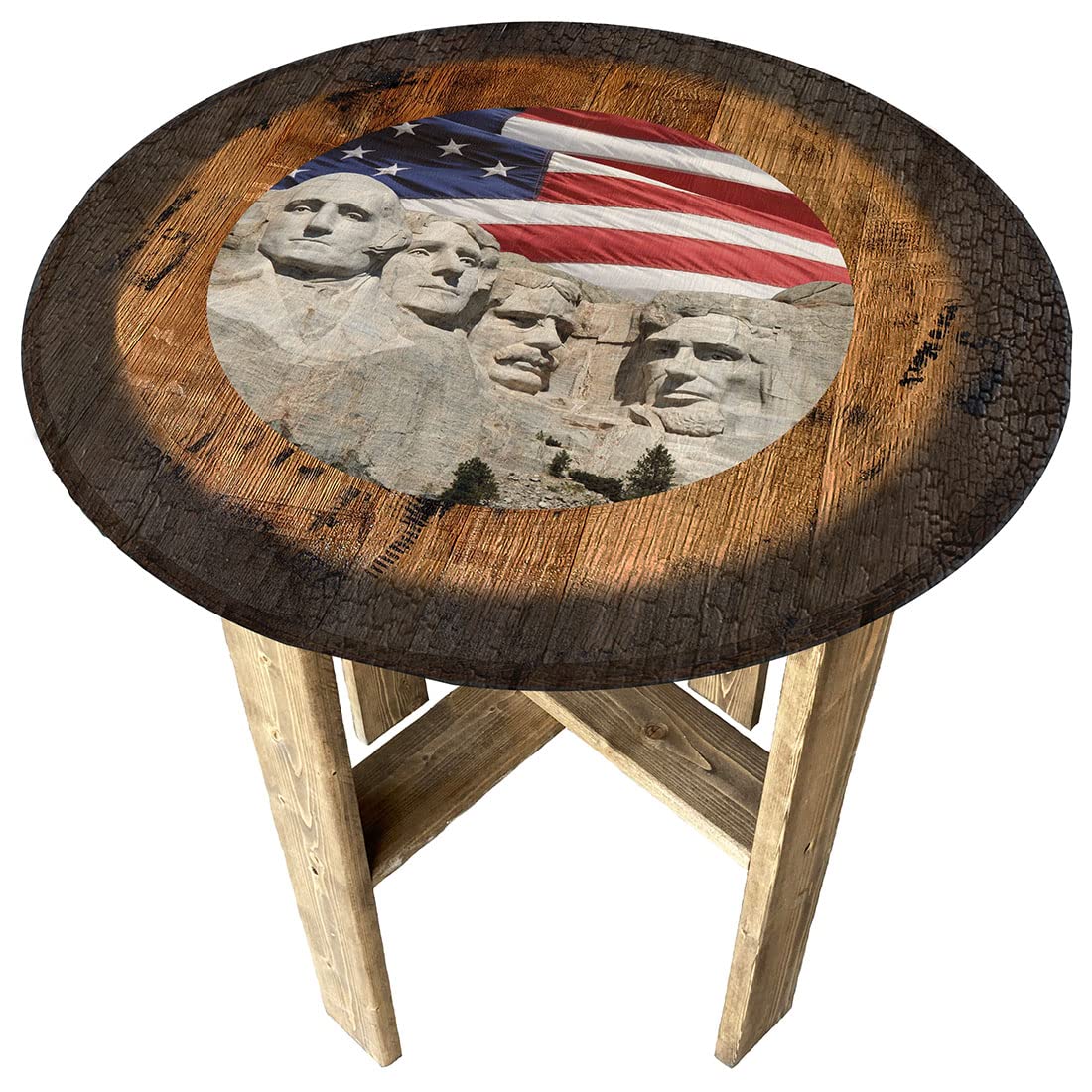 American Flag Mount Rushmore Wooden Round Whiskey Barrel End Table - Rustic Farmhouse Decor, Patriotic Gift for Home & Office