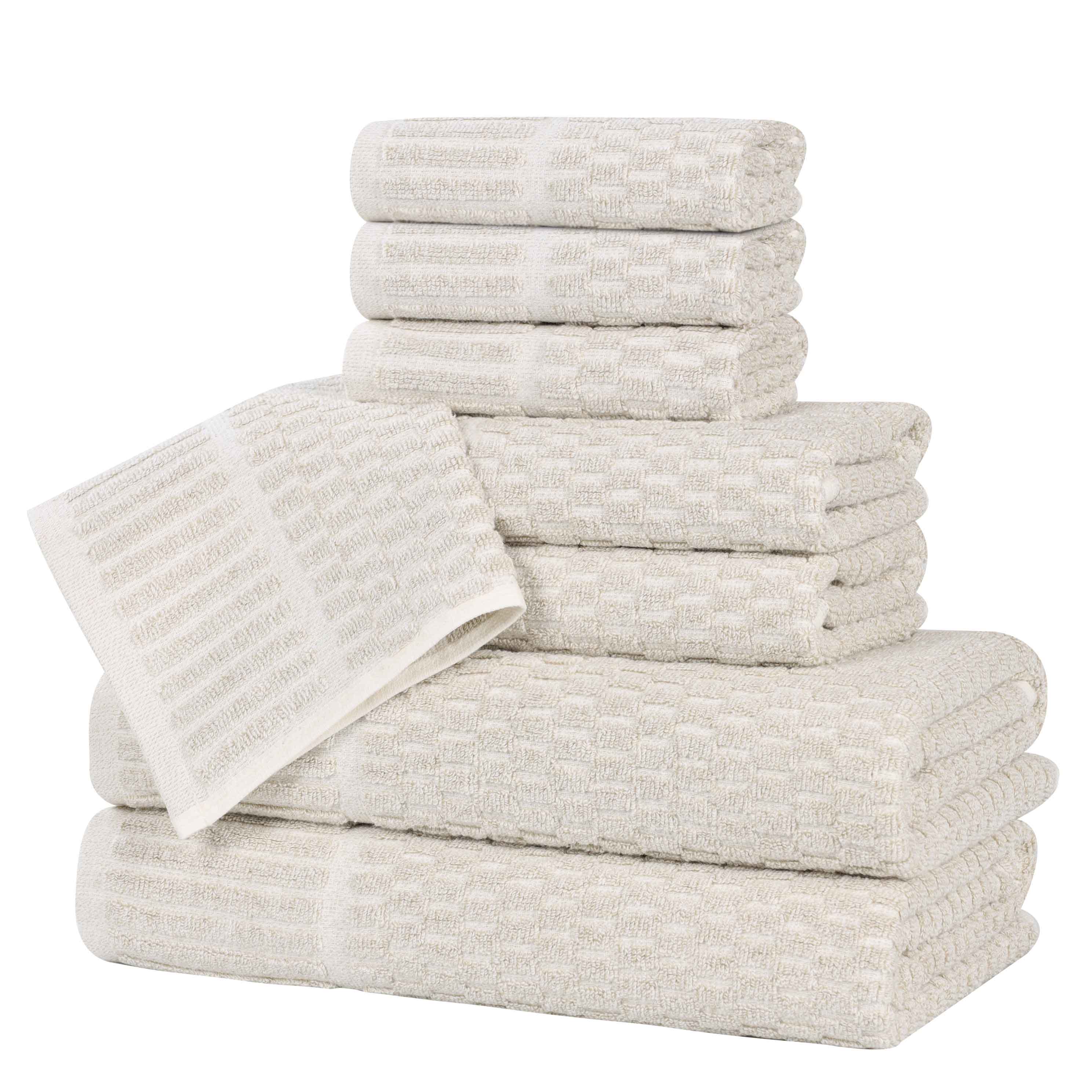 Premium Juno Cotton Blend Medium Weight Checkered Border 8-Piece Towel Set - Soft & Absorbent Bath, Beach, and Kitchen Towels for Home & Travel
