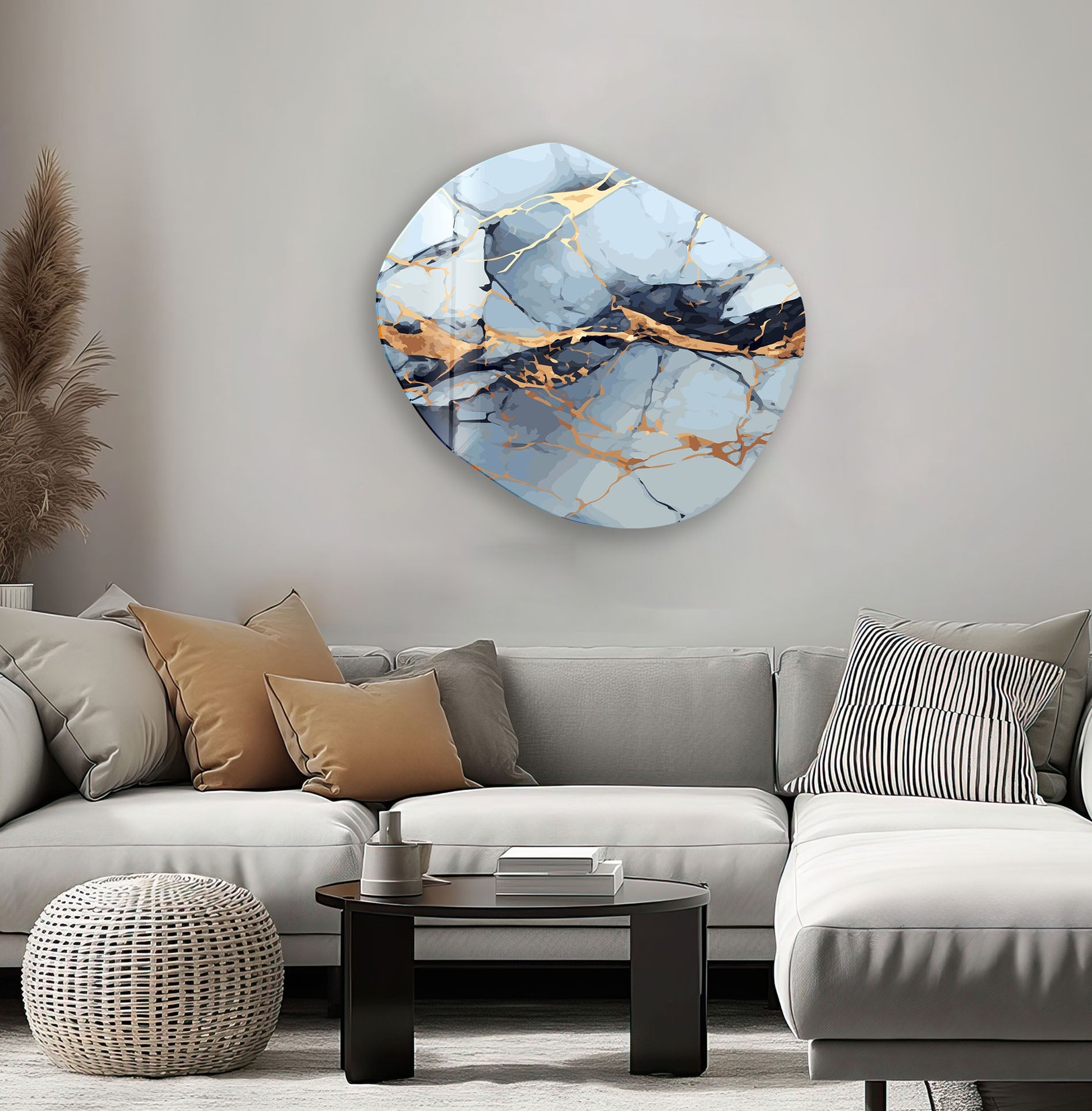 Blue & Gold Marble Oval Glass Wall Art - Elegant Home Decor for Living Room, Bedroom, Office - Perfect for Modern & Luxury Interior Design