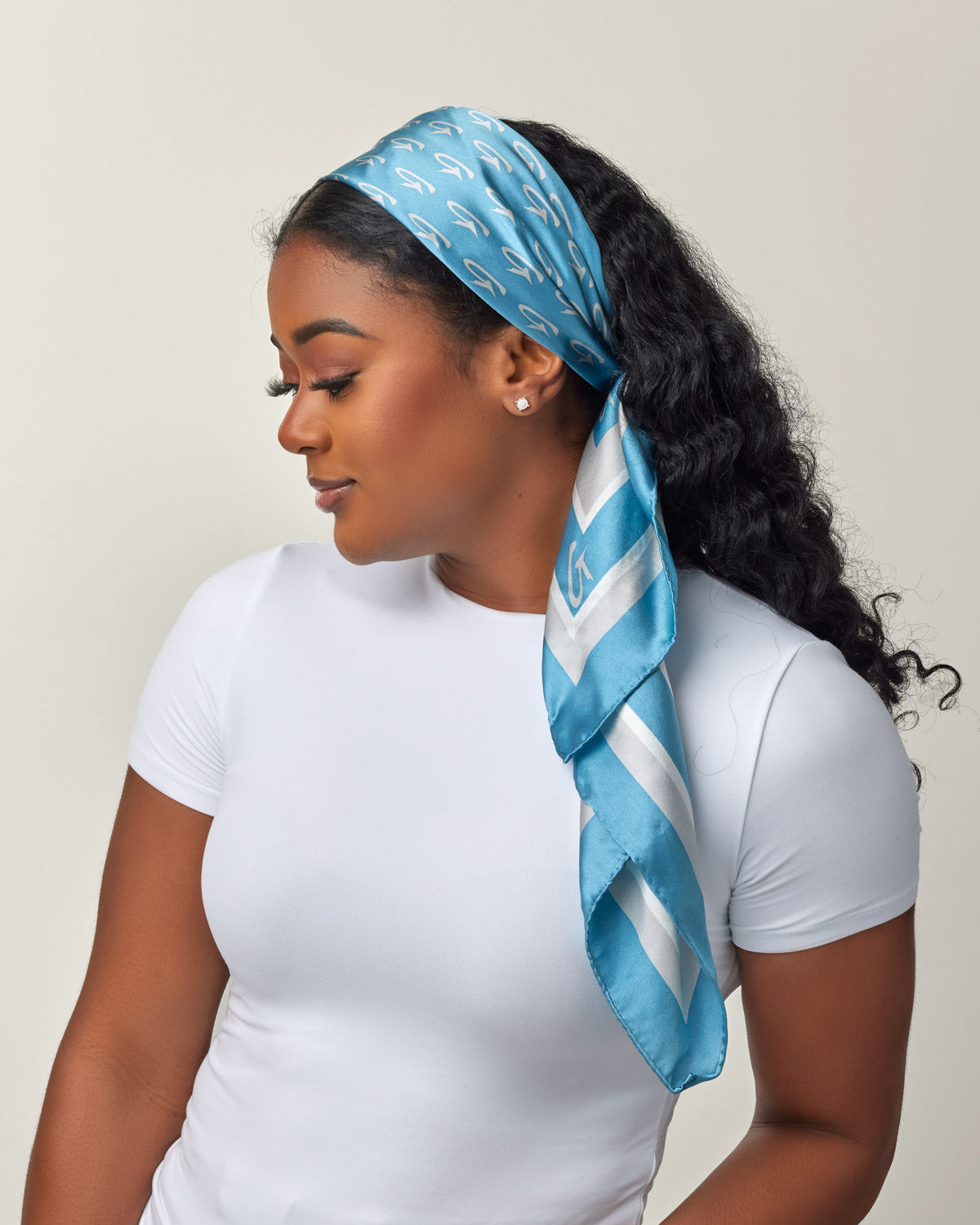 Luxury Large Monogram Silk Scarf - Blue & Silver Elegant Design - Perfect for Women's Fashion Accessories, Gift Giving & Special Occasions