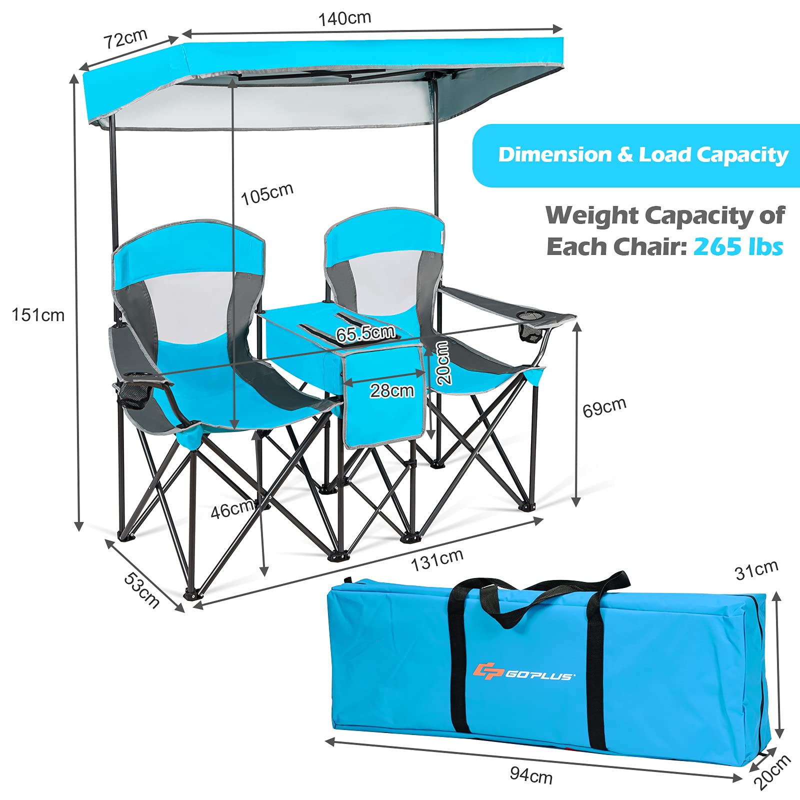 Goplus Double Beach Chair with Canopy Shade - Portable Folding Lawn & Camping Chair with Sunshade, Mini Table, Beverage Holder & Carrying Bag - Perfect for Outdoor Travel, Hiking, Fishing, Poolside Relaxation (Blue)