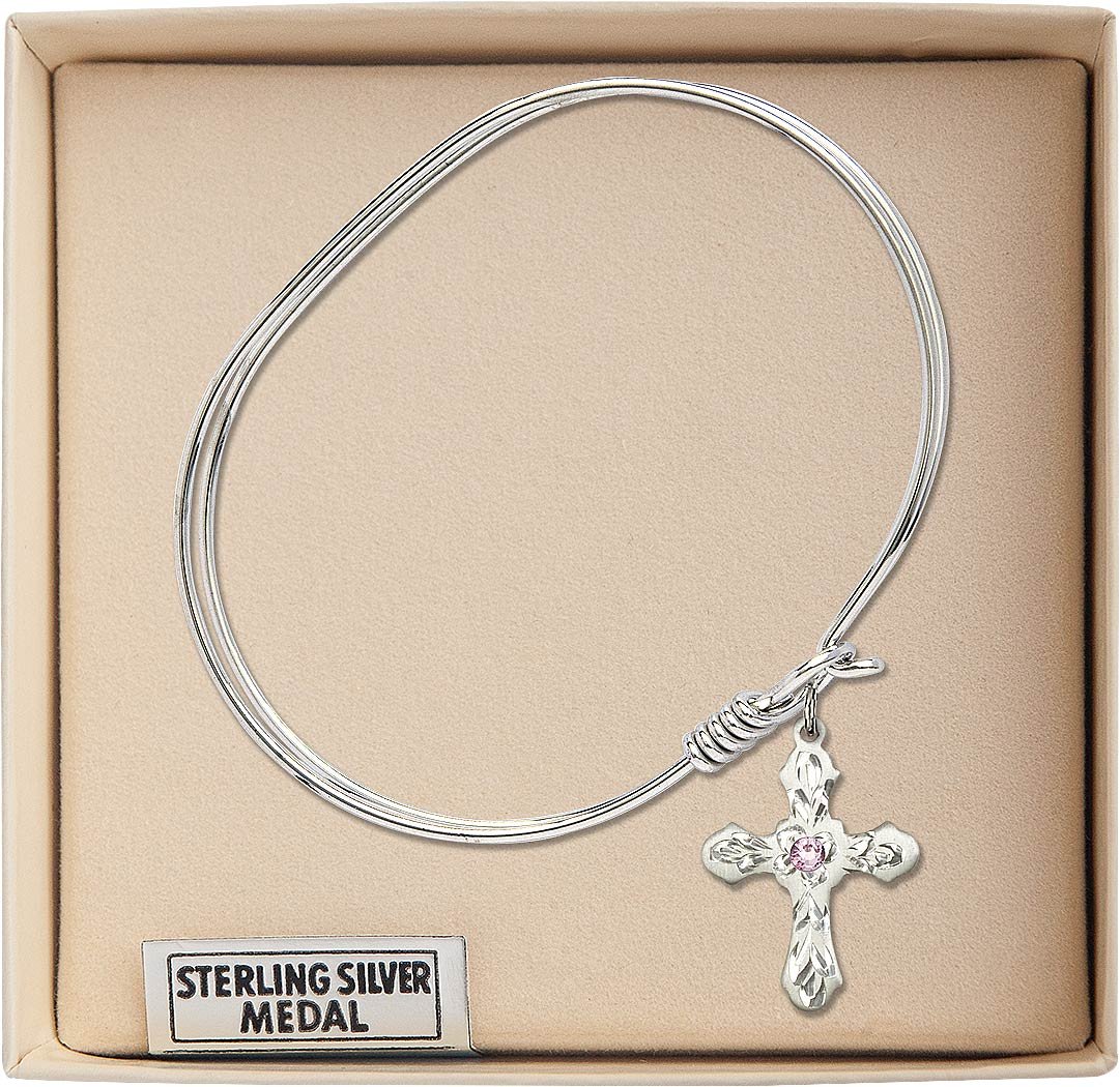7 Inch Oval Eye Hook Bangle Bracelet with Cross Medal Charm and Light Purple Crystal - Elegant Jewelry for Women, Perfect for Parties, Weddings and Everyday Wear