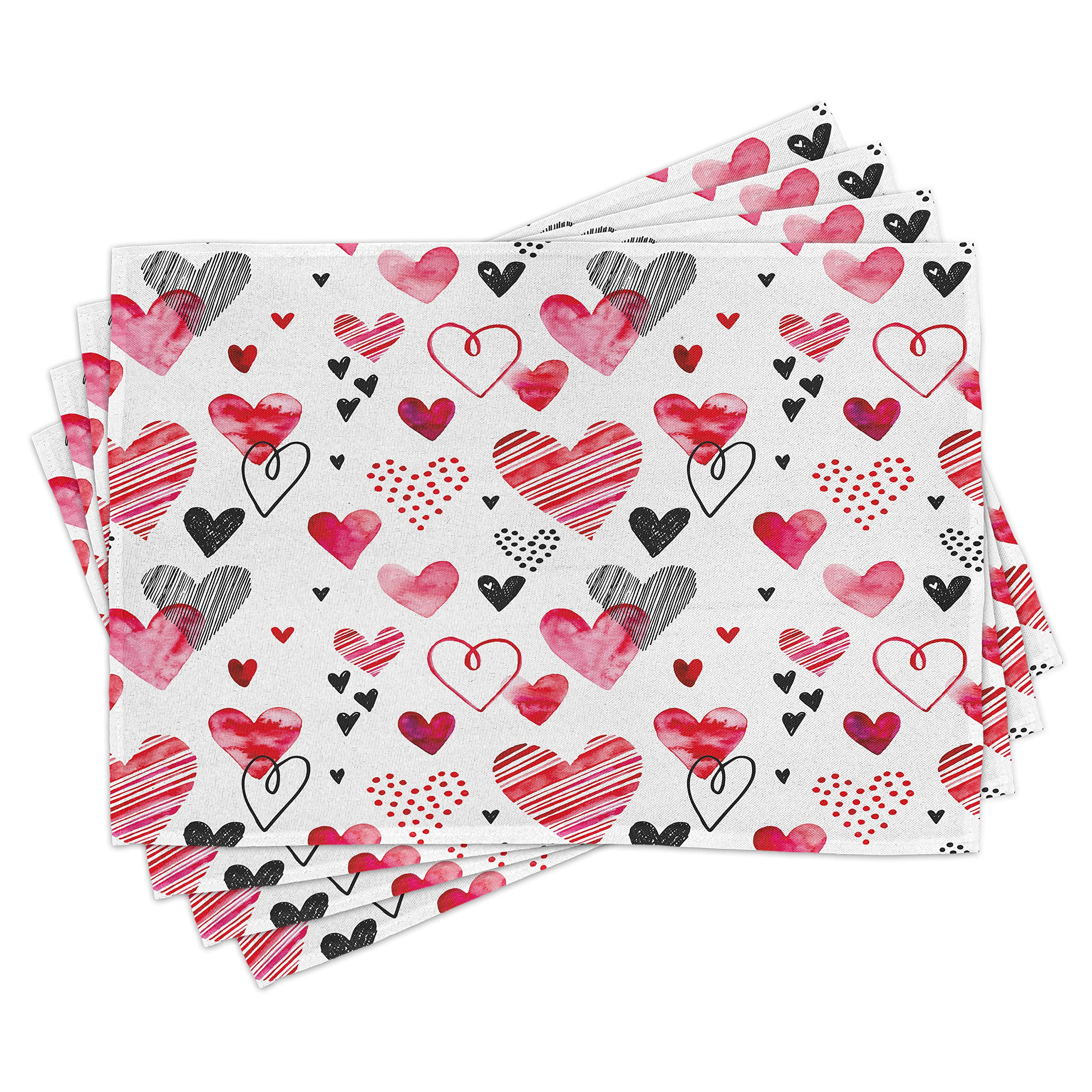 Ambesonne Valentine's Day Place Mats Set of 8 - Romantic Heart-Shaped Watercolor Striped Fabric Placemats for Dining Table | Washable & Durable | White & Black Design | Perfect for Romantic Dinners, Anniversary Celebrations & Valentine's Day Decor