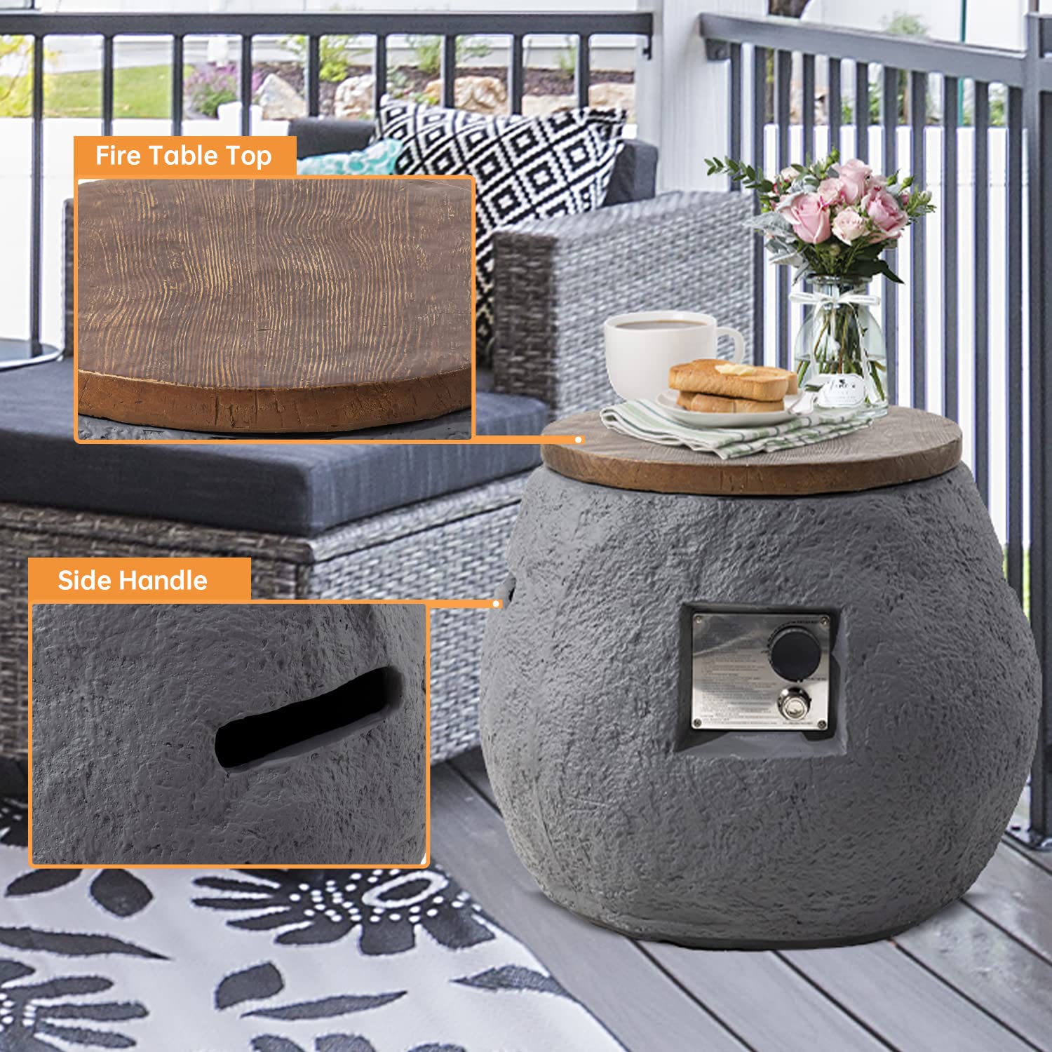 Modern Jar Shaped Propane Fire Pit Table - 40,000 BTU Outdoor Concrete Fire Table with Lava Rocks & Rain Cover - 2-in-1 Patio Side Table for Garden, Backyard & Poolside Gatherings