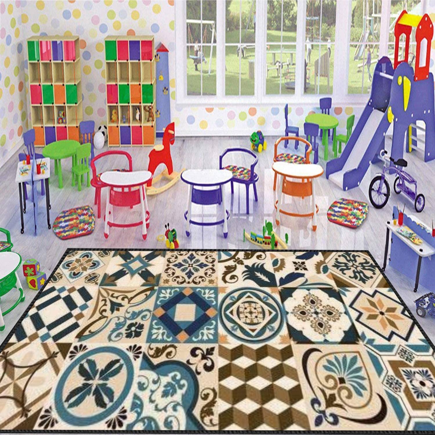 Lisbon Geometric Azulejo Tile Area Rug - Portuguese & Spanish Retro Design, Modern Abstract Soft Non-Slip Floor Carpet for Living Room, Bedroom, Kids Room | Indoor/Outdoor Use in Home Decor