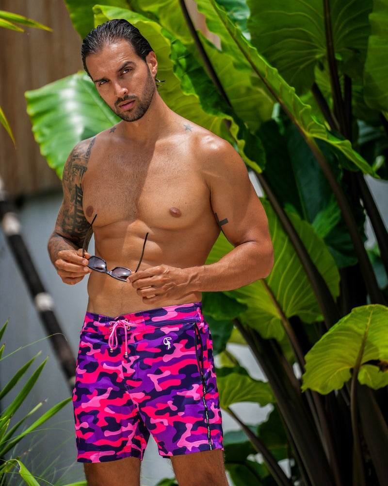 **Men's Pink Camo Swim Shorts - Quick Dry, UPF 50+ Beach Shorts for Swimming, Surfing & Summer Vacations**