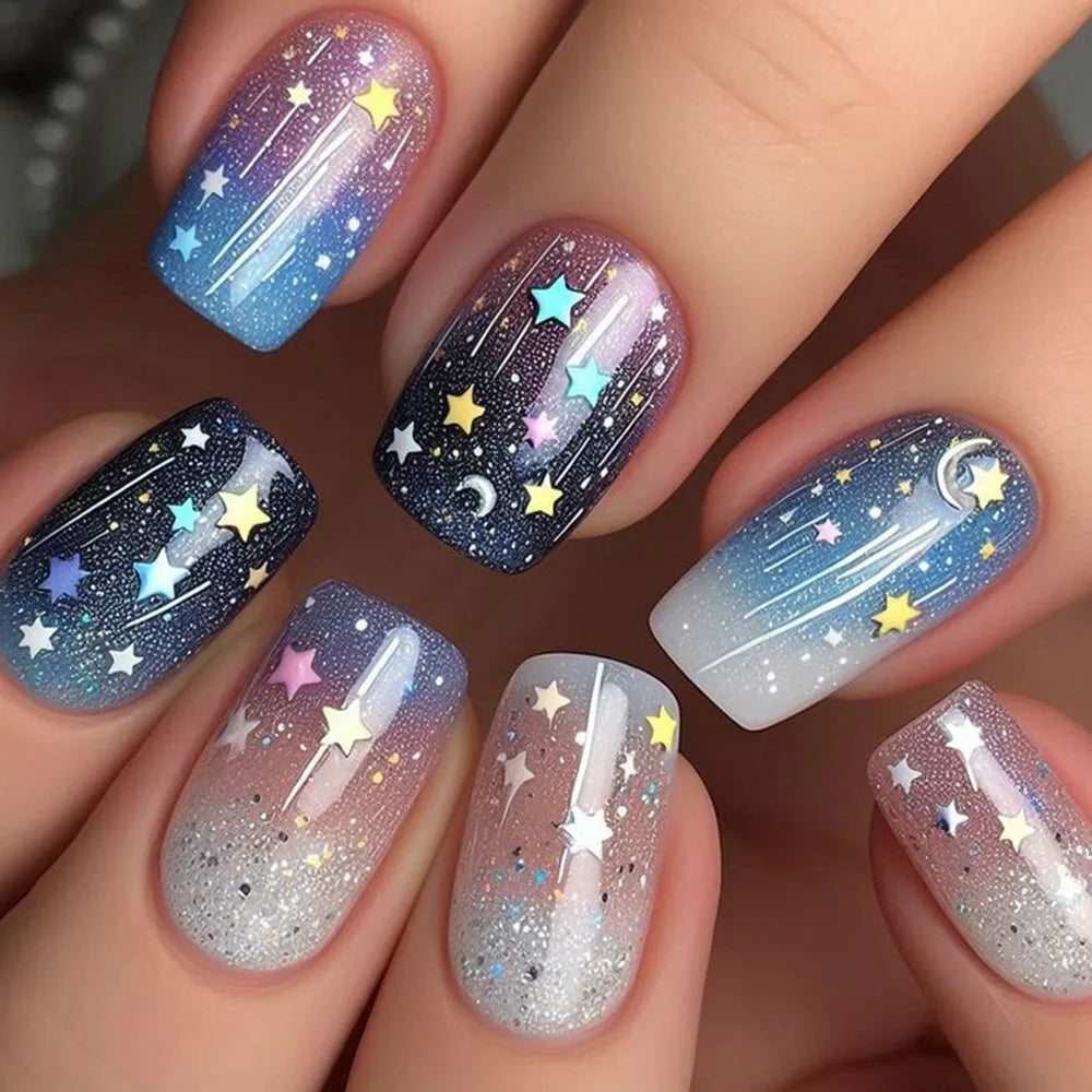 24Pcs Colorful Starry Sky Press on Nails - Full Cover Square Fake Nails with Dreamy Moon & Meteor Designs | Detachable Nail Tips for Women | Perfect for Parties, Date Nights & Special Occasions