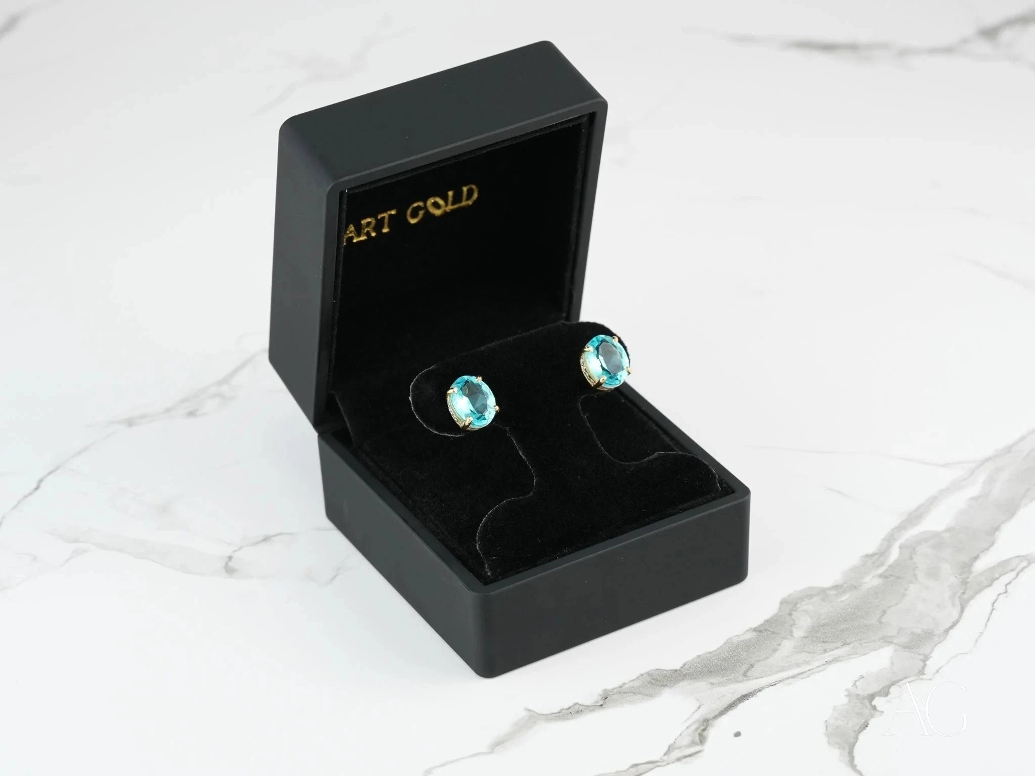 18K Gold Oval Blue Topaz & CZ Halo Earrings for Women – Elegant Dangle Drop Earrings for Wedding, Party & Special Occasions