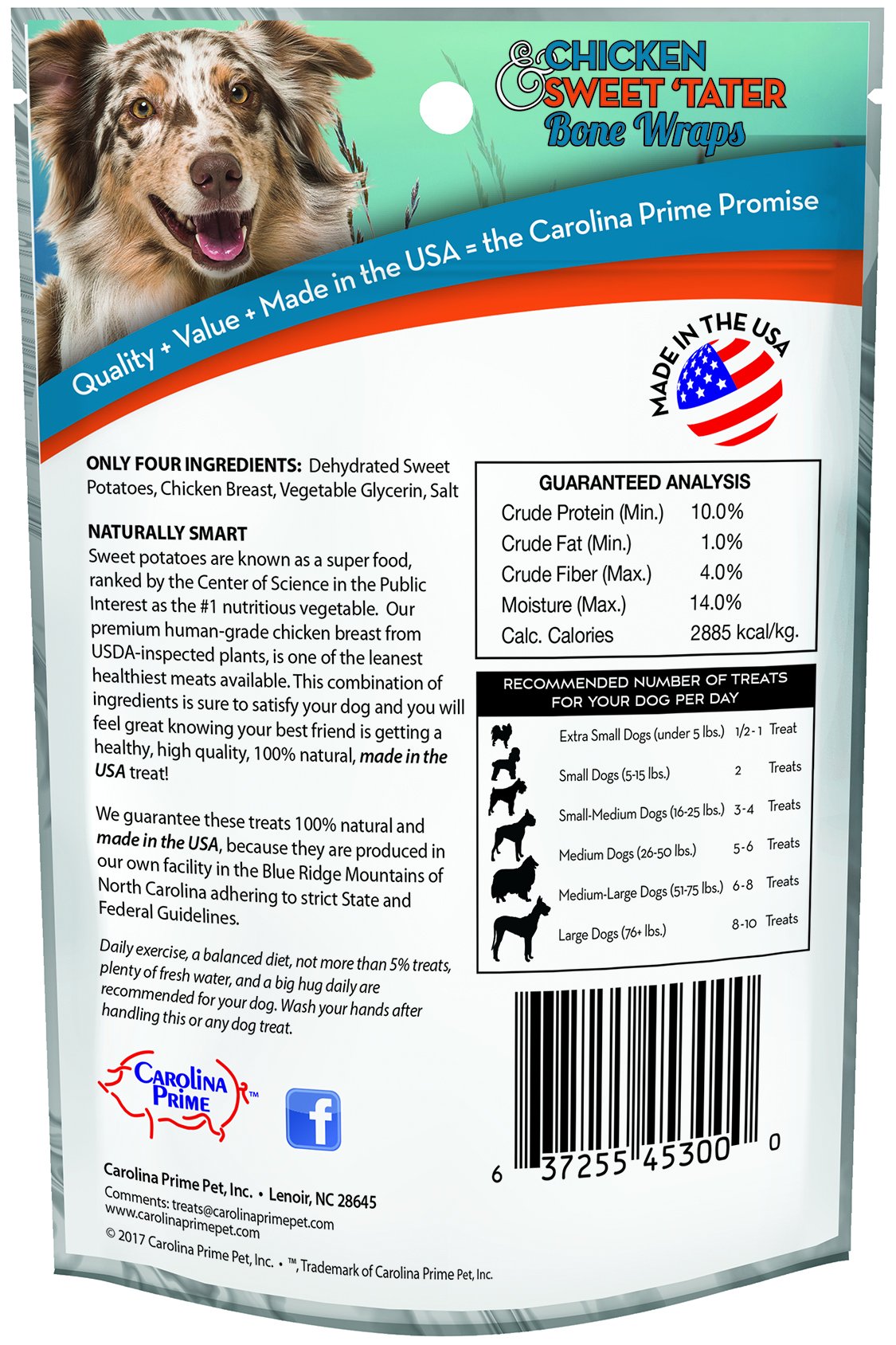 Premium Carolina Prime Pet 45301 Chicken & Sweet Potato Bone Wrap Dog Treats (1 Pouch) - All-Natural Chew for Dental Health & Training Rewards - Perfect for Small, Medium & Large Dogs