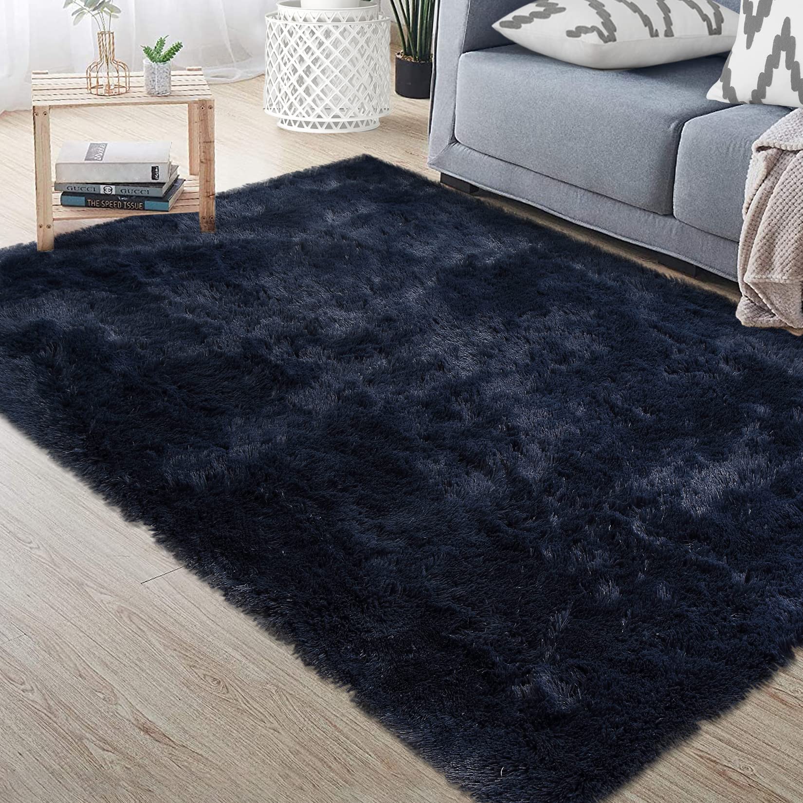 Luxury Plush Shaggy Area Rug - Ultra Soft Fuzzy Fluffy Fur Carpet for Living Room, Bedroom, Nursery - Modern Navy Blue Accent Rug 8x10 Feet - Perfect for Cozy Home Decor & Kids Play Area