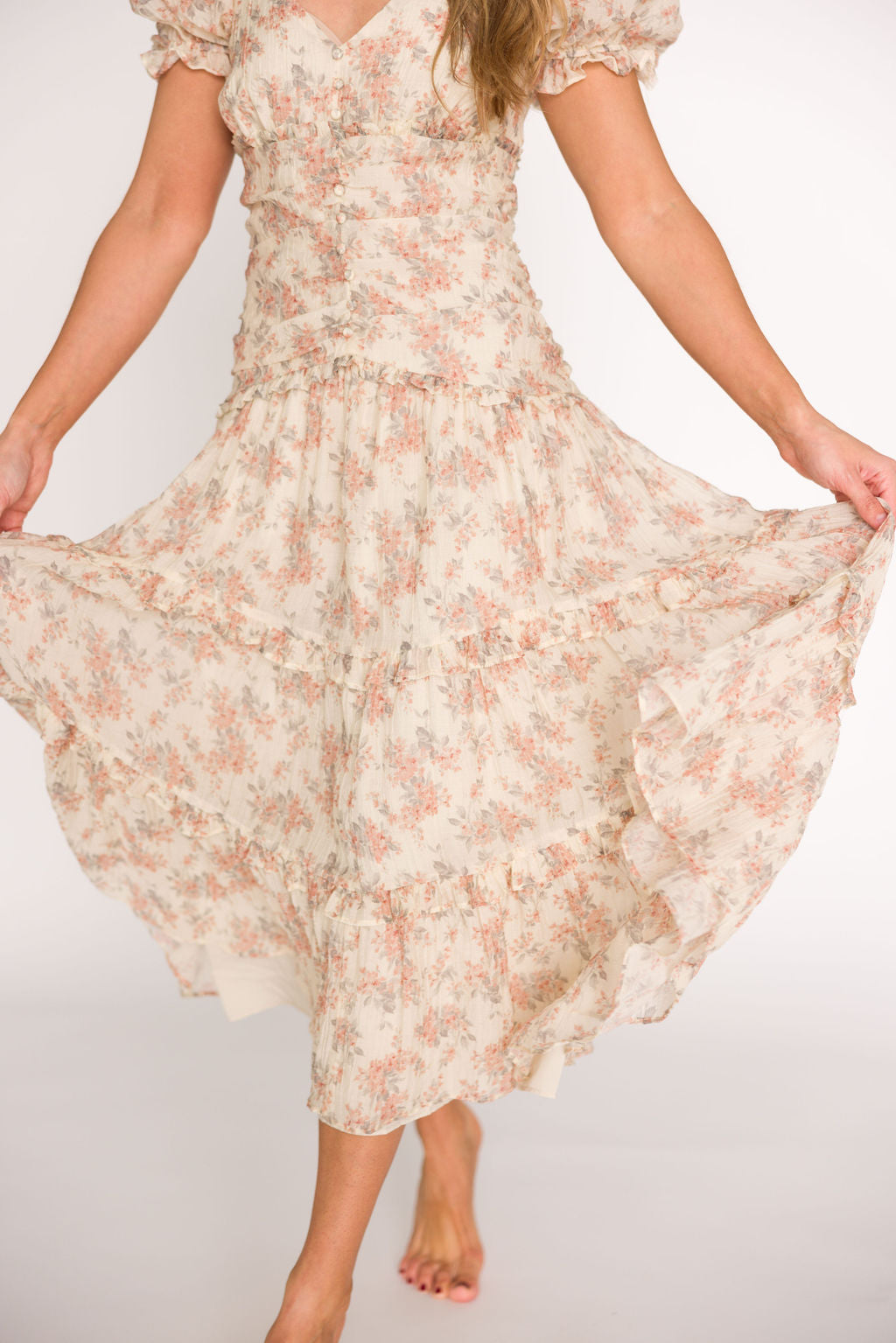 Jenna Ruffled Maxi Sundress - Cream Floral Print Women's Summer Dress for Beach Vacation, Garden Party & Outdoor Date