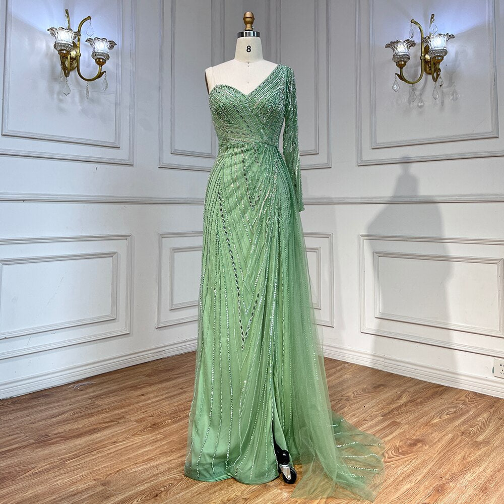 Elegant One Shoulder Split Mint Green Beaded Mermaid Evening Dress for Women - Arabic Wedding Party Gown 2025 LA71859 | Perfect for Bridal Showers, Prom, and Formal Events