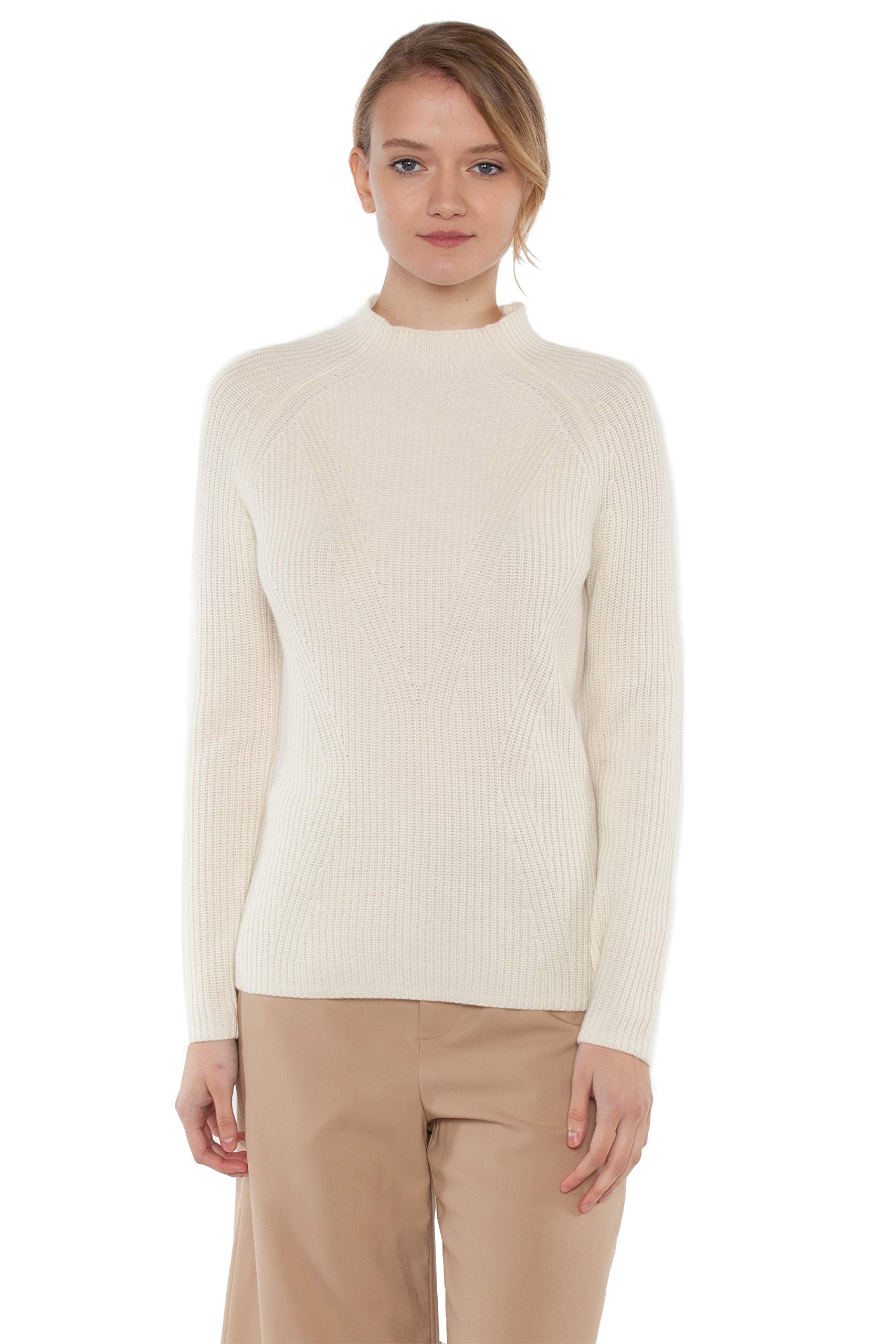 JENNIE LIU Women's 100% Pure Cashmere Long Sleeve Chunky Rib Funnel Neck Sweater - Soft Winter Pullover for Casual Outfits & Office Wear