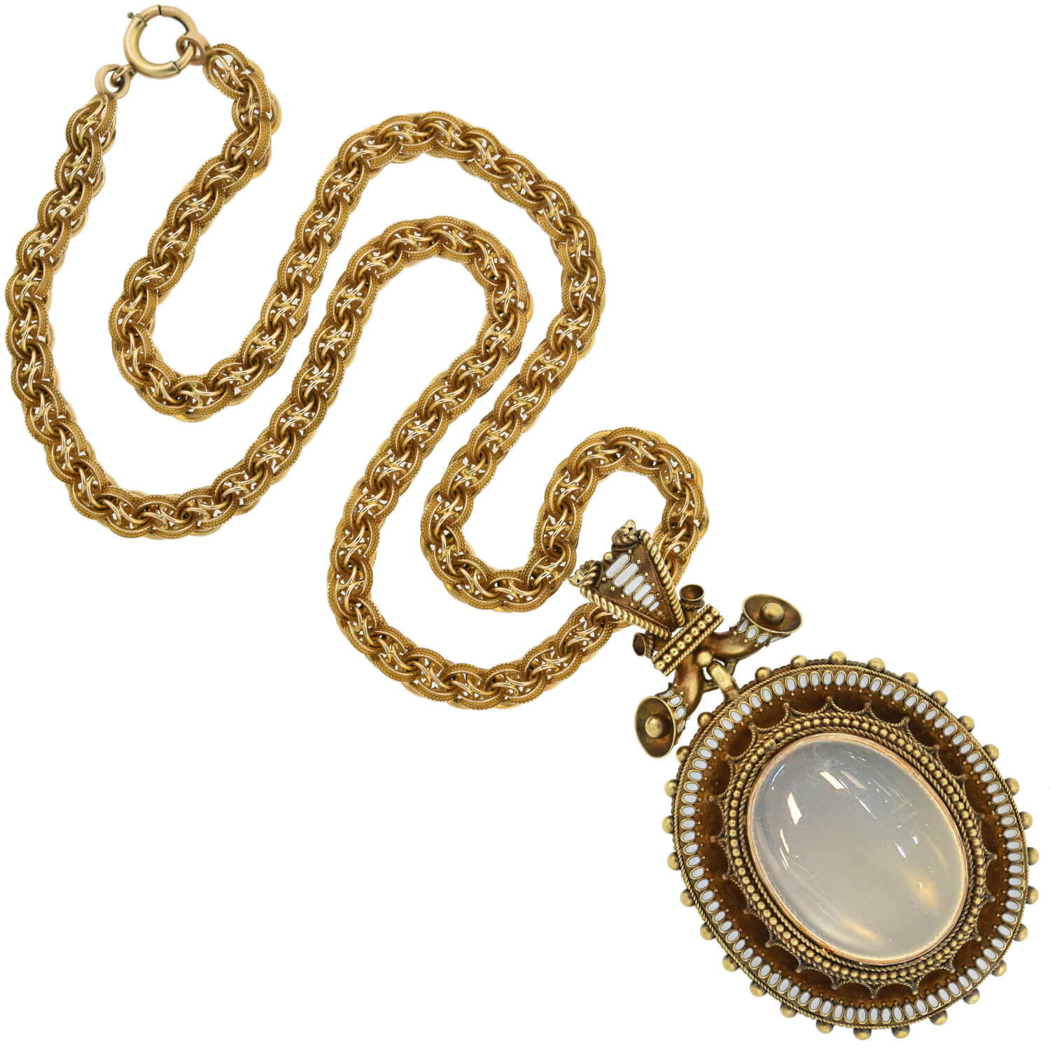 Victorian Style 18K Gold Enamel & Moonstone Pendant Necklace - Elegant Antique Jewelry for Women, Perfect for Weddings, Parties & Special Occasions