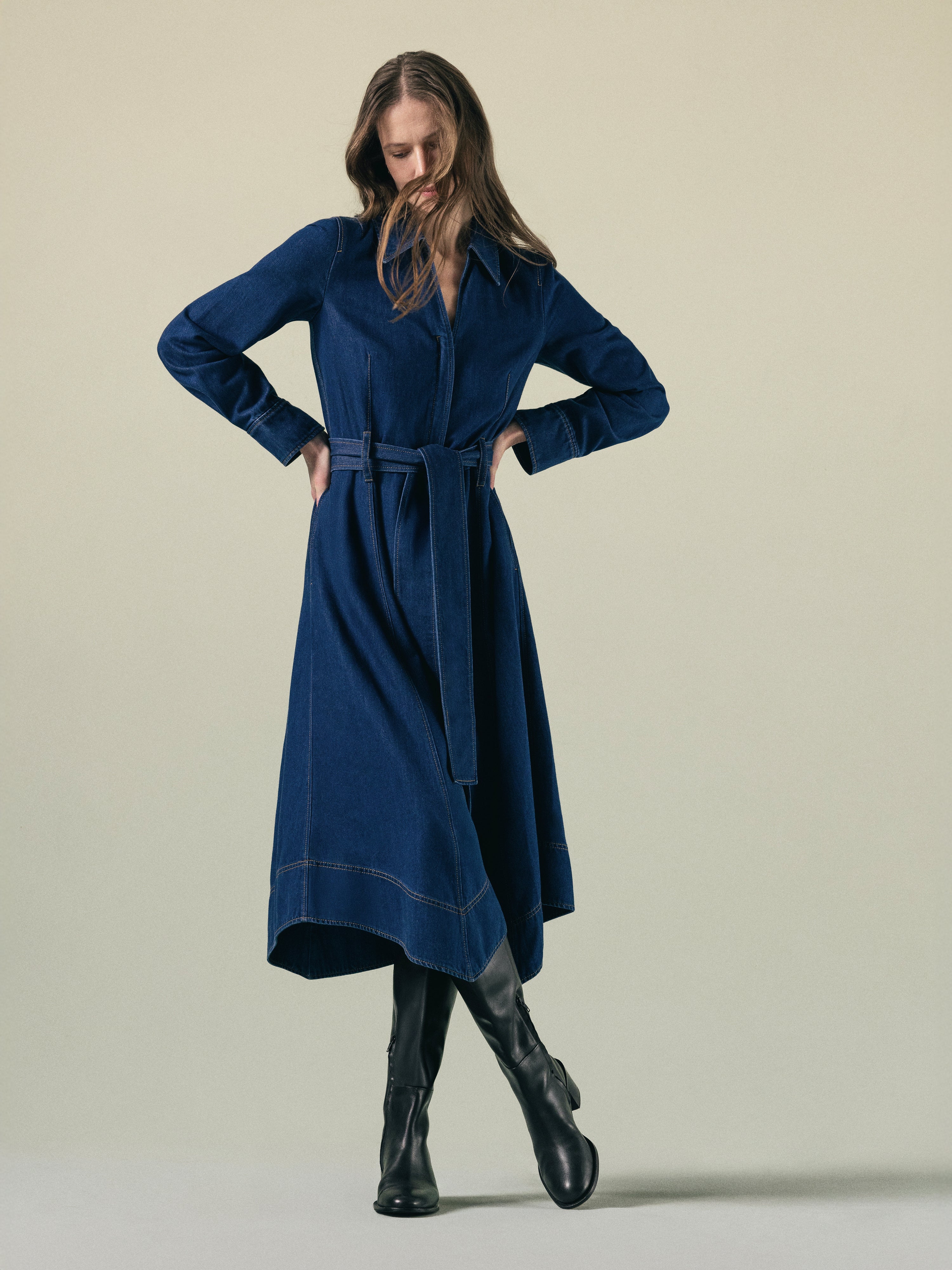 Fluid Denim Belted Shirt Dress for Women - Indigo Wash Casual & Office Wear | Perfect for Spring Outfits, Date Nights & Work Attire