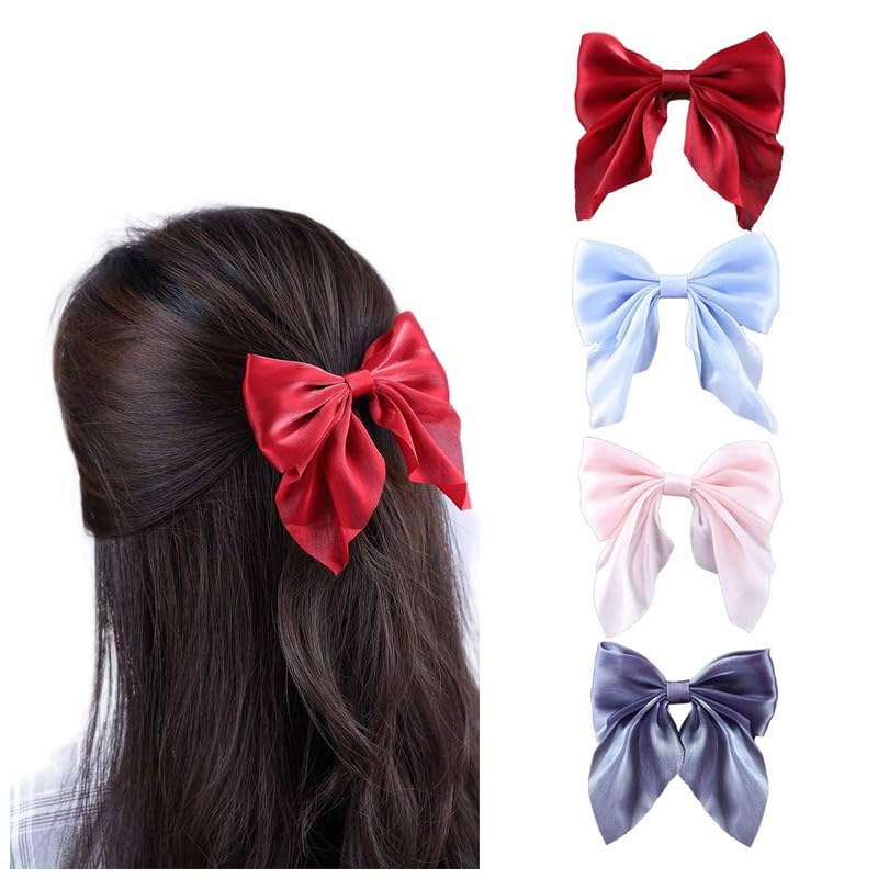 Vintage Satin Bow Hair Clips for Women - 4 Pack Large French Bowknot Barrettes with Ribbon - Elegant Hair Accessories for Weddings, Parties & Everyday Styling (Multicolor)