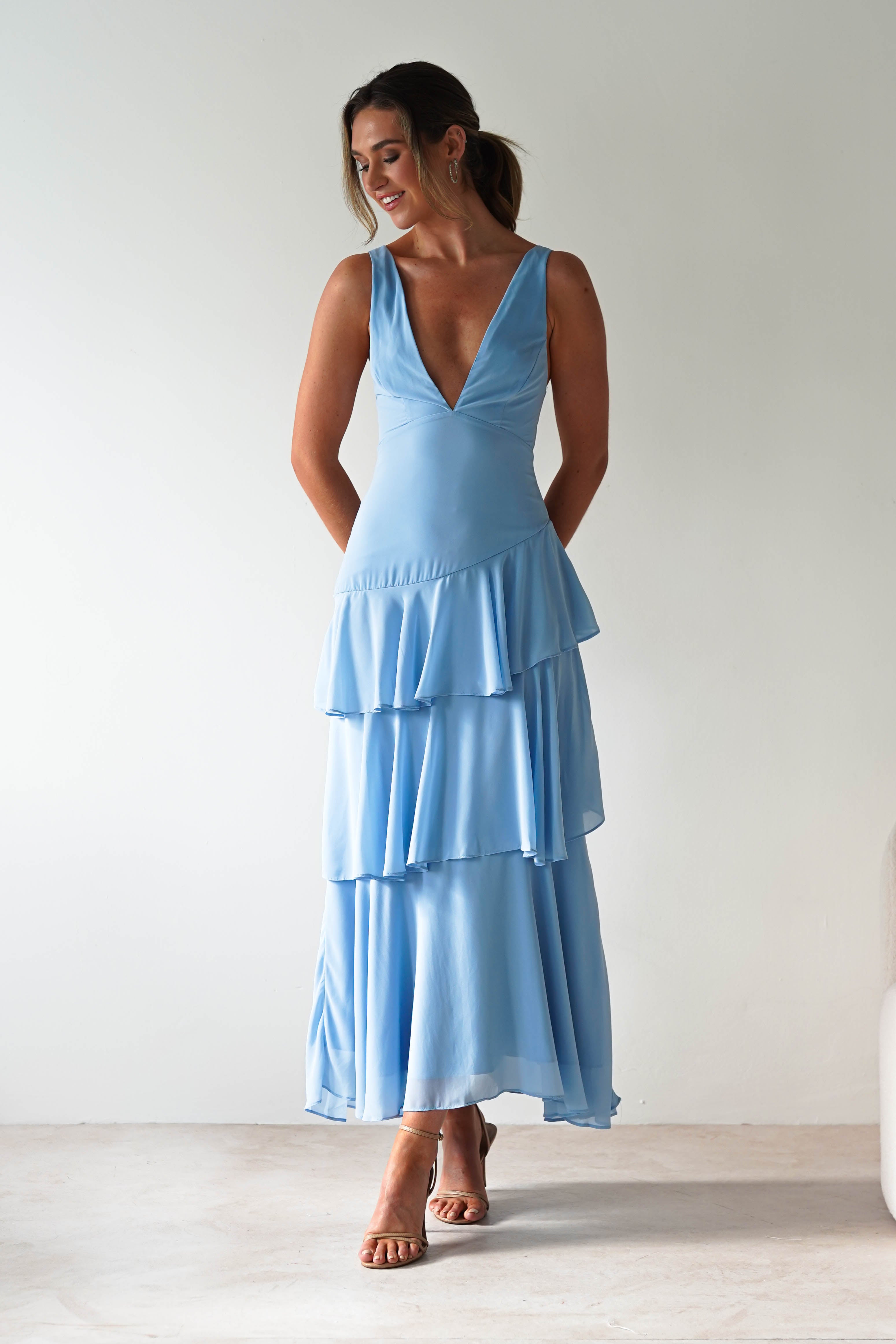 Andalusia Ruffle Maxi Dress for Women - Flowy Bohemian Summer Beach Dress in Blue | Perfect for Vacations, Weddings & Outdoor Events
