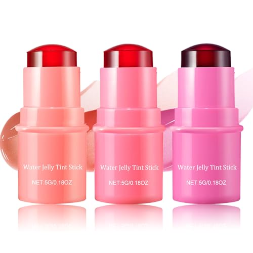 3 Colors Water Jelly Tint Stick - Long Lasting Hydrating Lip Gloss & Blush | Natural Sheer Lip & Cheek Stain | Milk Cooling Jelly Tint for Soft Makeup Look | Perfect for Daily Wear, Date Night & Self Care Routine