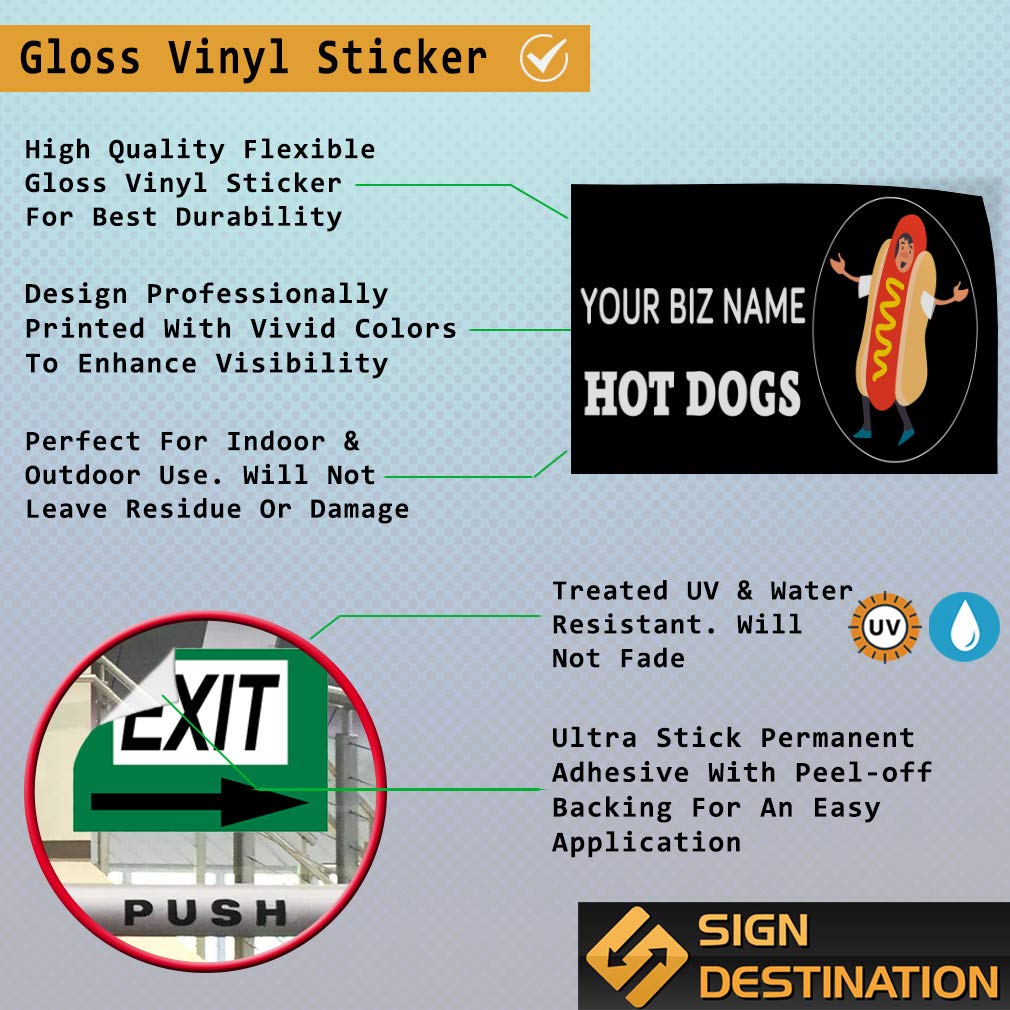 Custom Vinyl Door Decals - Business Name & Hot Dog Stickers (20x14 Inches, Set of 10) - Black & White Restaurant Signage, Food Truck Decals, Outdoor Car Bumper & Luggage Stickers for Restaurants, Food Trucks & Retail Stores