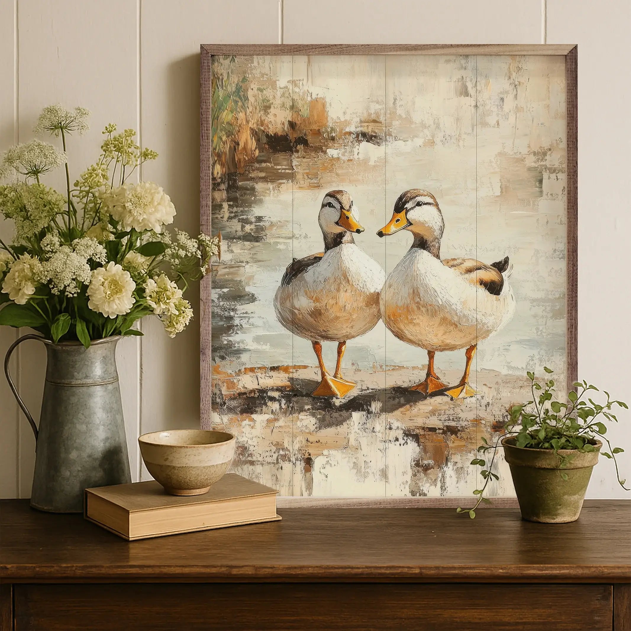 Brown Duck Couple Wood Framed Print - Romantic Home Decor for Bedroom, Living Room & Wedding Gift
