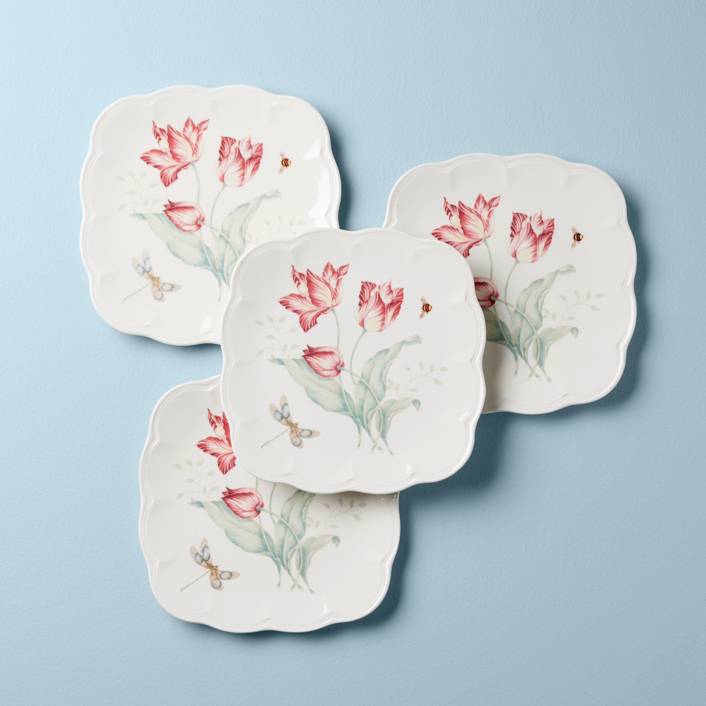 Butterfly Meadow Square Accent Plates - Set of 4 Decorative Dinner Plates for Spring Garden Party, Wedding, or Home Decor